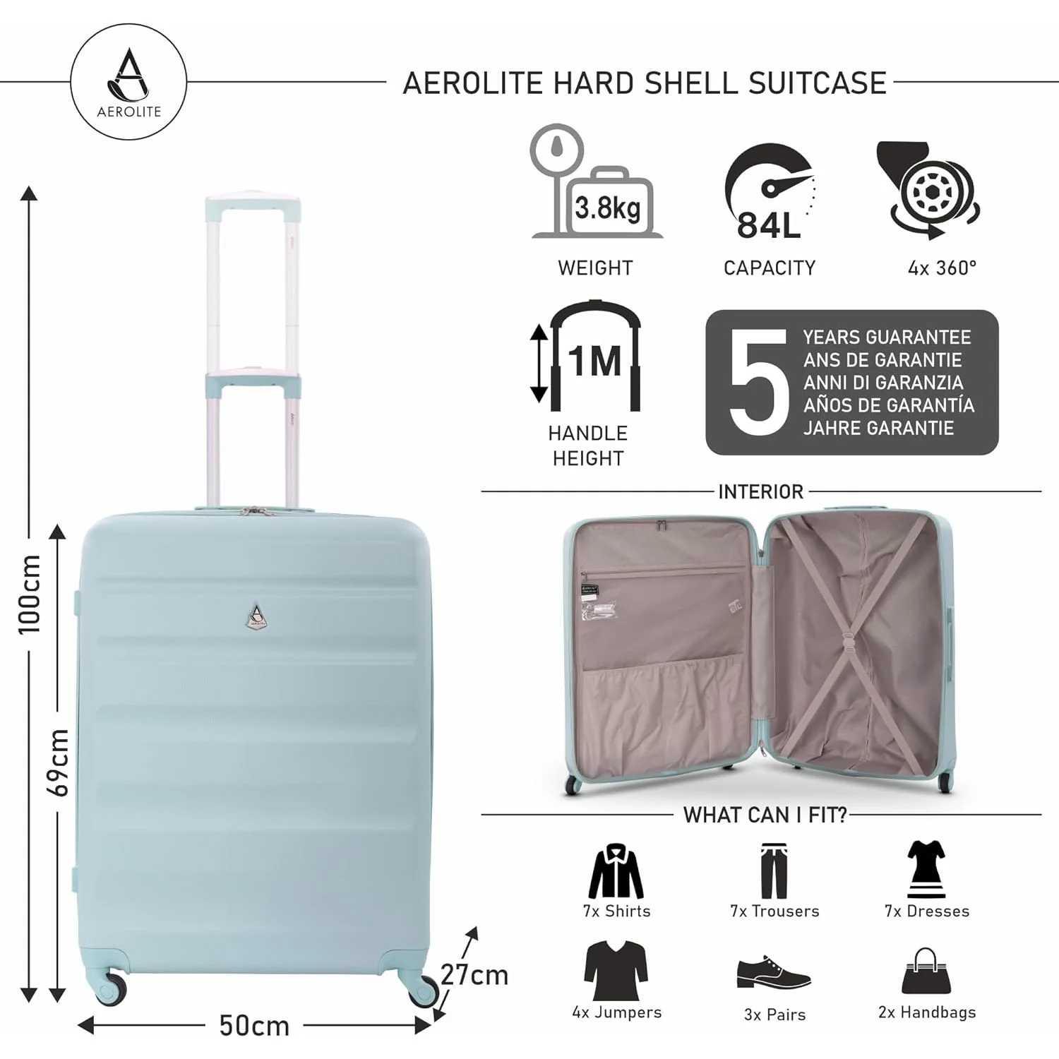 Aerolite 25" (69x50x27cm) Medium Lightweight Hard Shell Checked In Hold Luggage Suitcase with 4 Wheels, 82L Capacity - Image 13