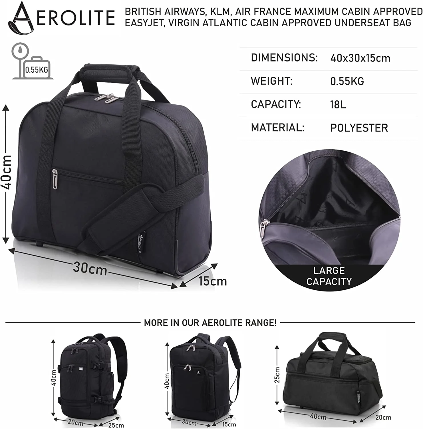 Aerolite British Airways Maximum Size Bundle, 56x45x25cm Large Cabin Softshell Suitcase & 40x30x15cm Under Seat Holdall - Image 18