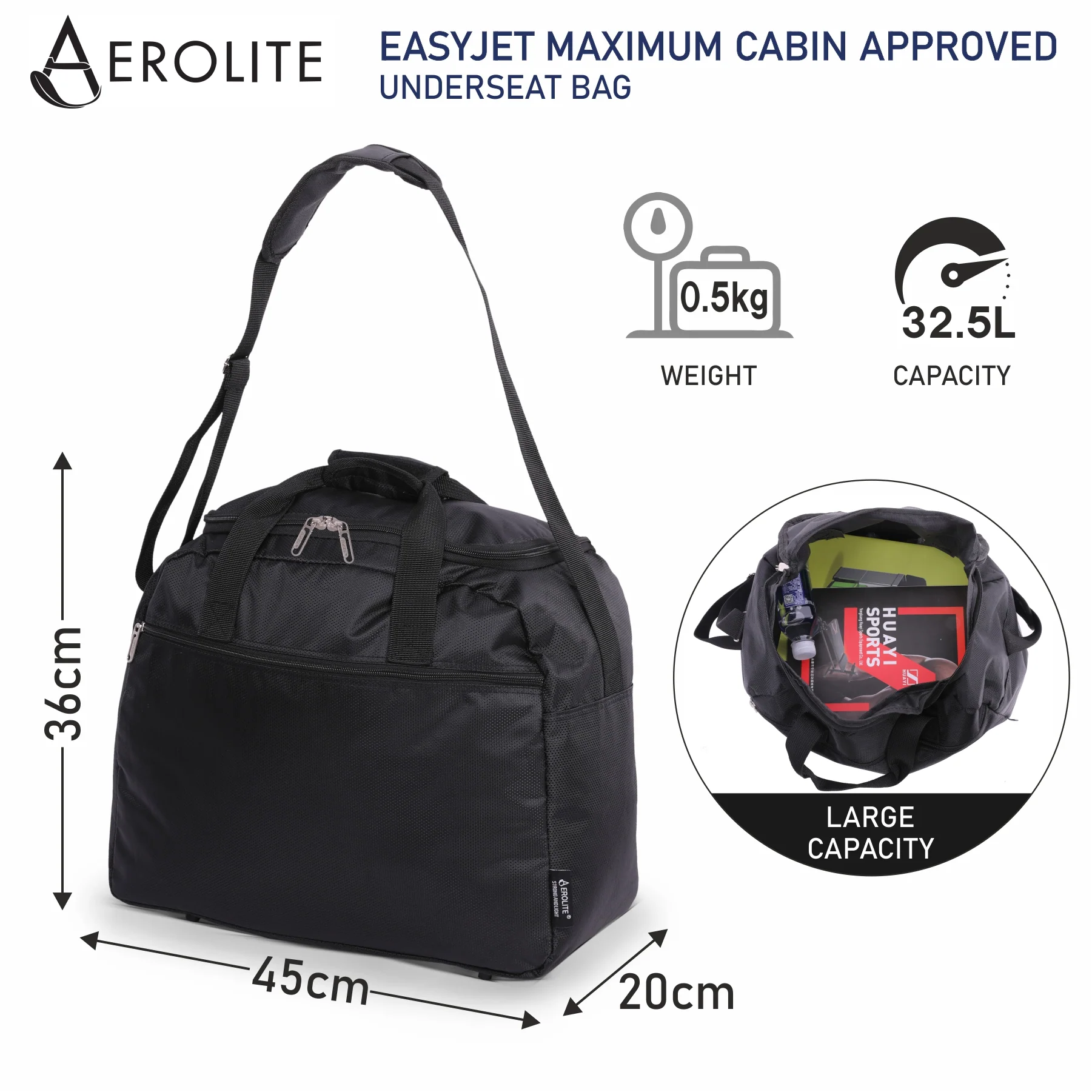 Aerolite Easyjet Maximum Size (45x36x20cm) Holdall New and Improved 2025 Cabin Luggage Under Seat Flight Bag - Image 4