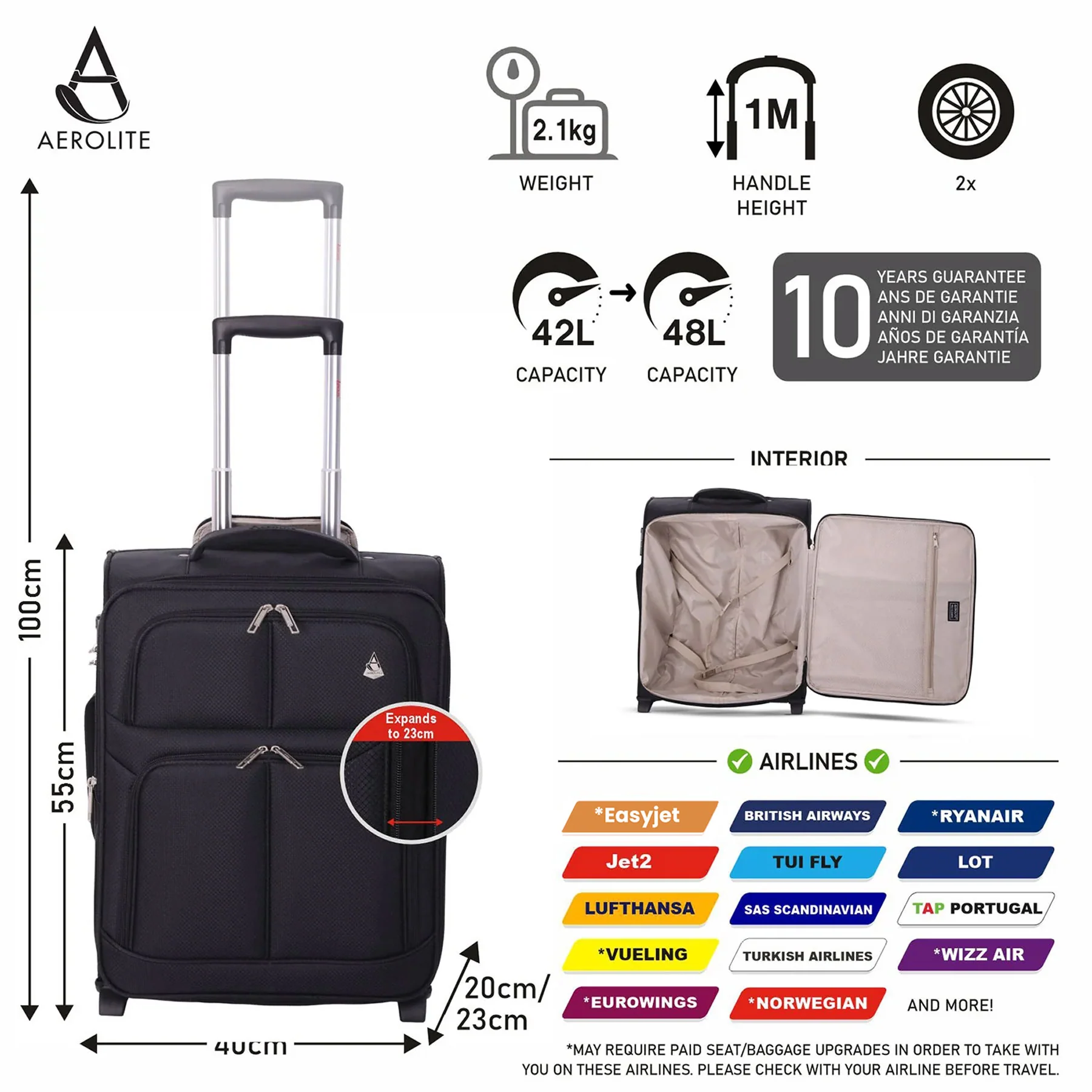 Aerolite Ryanair Bundle Expandable (55x40x20cm) to (55x40x23cm) Ryanair (Priority) Maximum Lightweight Cabin Suitcase and (40x20x25cm) Ryanair Maximum Underseat Holdall - Image 6