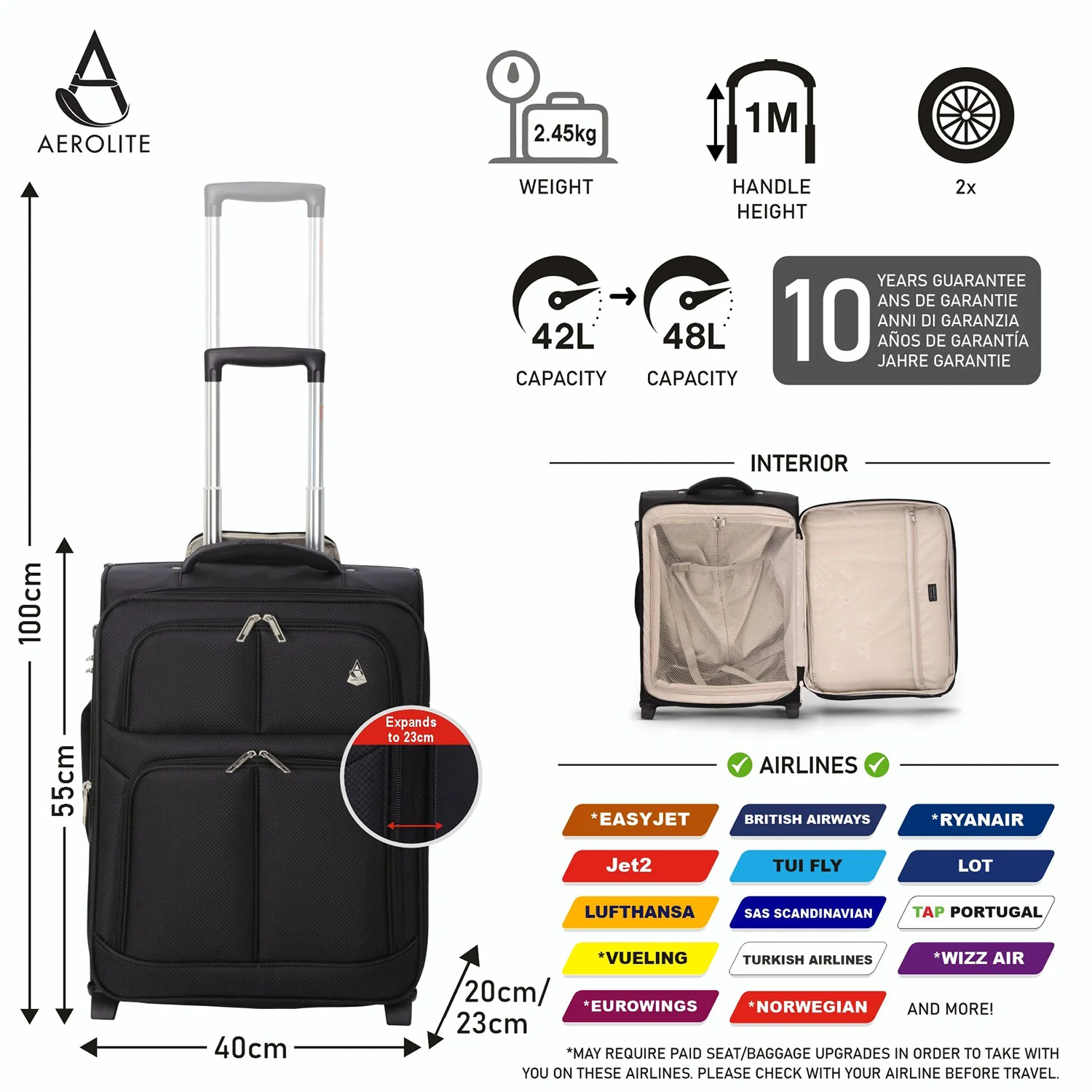 Aerolite Expandable (55x40x20cm) to (55x40x23cm) Ryanair (Priority) Maximum Allowance Lightweight Cabin Hand Luggage 2 Wheels, Maximum Size for Ryanair Priority, Wizz Air Priority, Lufthansa - Image 5
