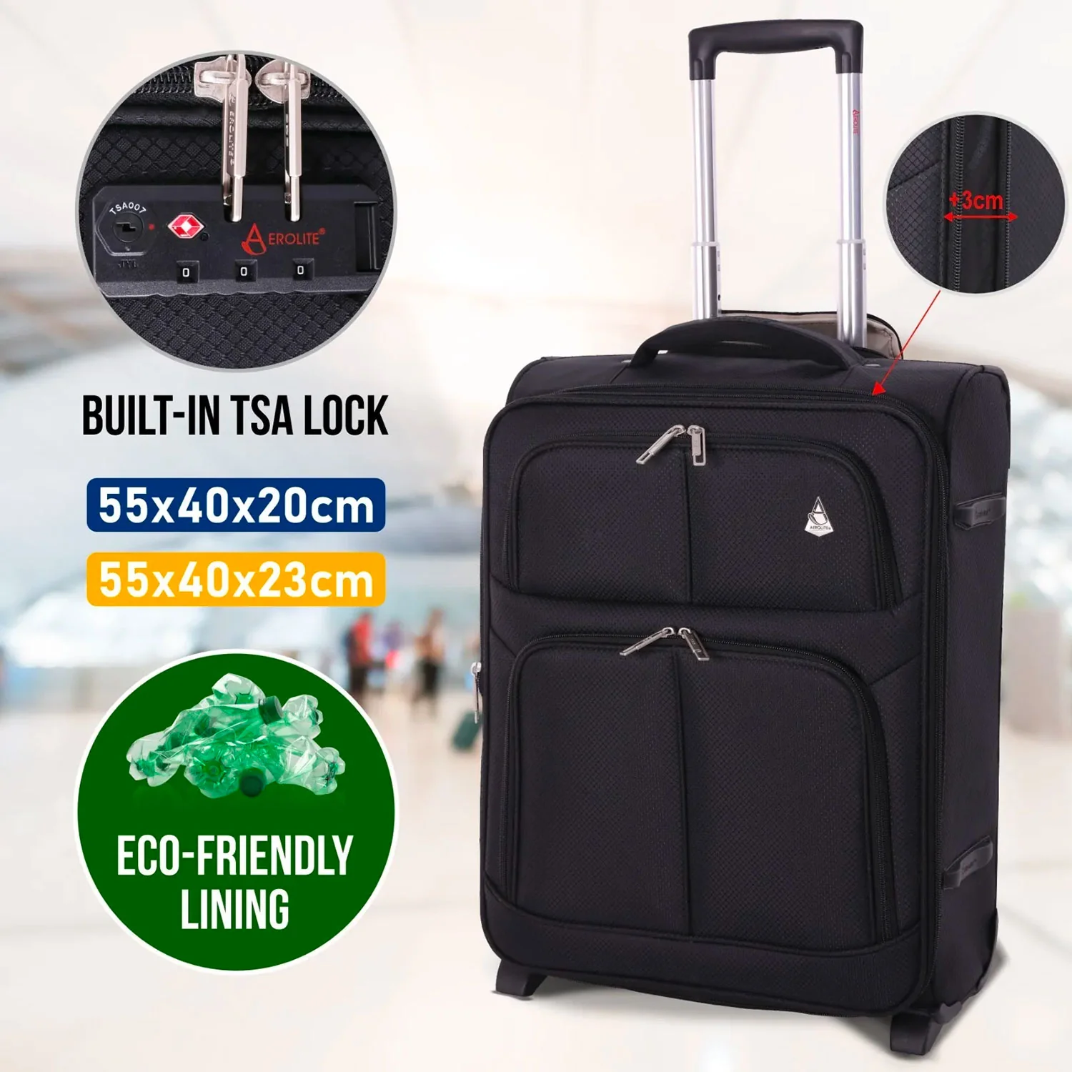 Aerolite Expandable (55x40x20cm) to (55x40x23cm) Ryanair (Priority) Maximum Allowance Lightweight Cabin Hand Luggage 2 Wheels, Maximum Size for Ryanair Priority, Wizz Air Priority, Lufthansa - Image 7