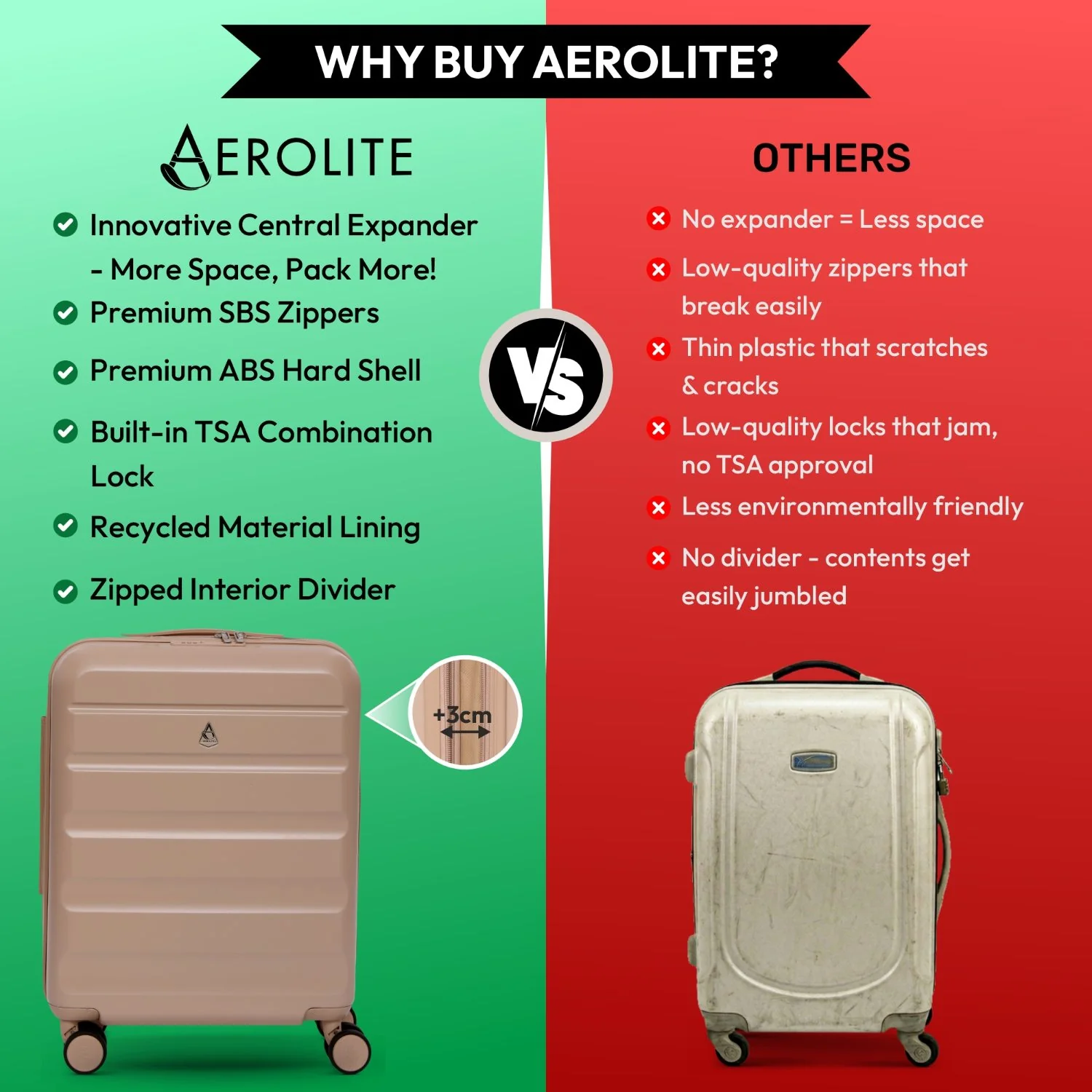 Aerolite Expandable 55x40x20cm to 55x40x23cm Ryanair Priority, Wizz Air Priority, Lufthansa Max Size Lightweight Hard Shell Carry On Hand Cabin Luggage Suitcase with 4 Wheels (BEIGE) - Image 10