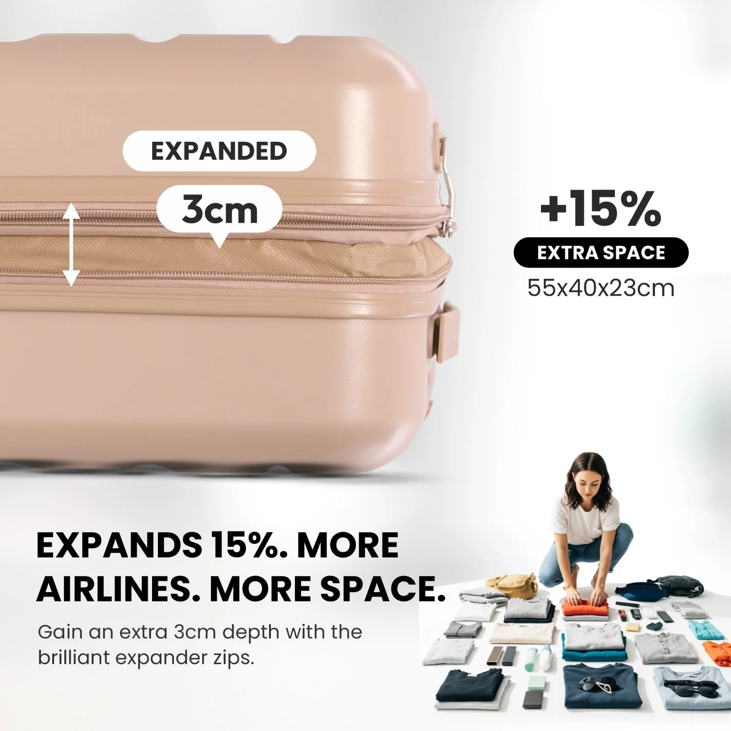 Aerolite Expandable 55x40x20cm to 55x40x23cm Ryanair Priority, Wizz Air Priority, Lufthansa Max Size Lightweight Hard Shell Carry On Hand Cabin Luggage Suitcase with 4 Wheels (BEIGE) - Image 3