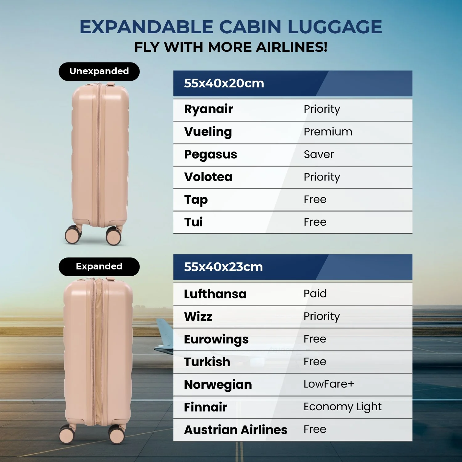 Aerolite Expandable 55x40x20cm to 55x40x23cm Ryanair Priority, Wizz Air Priority, Lufthansa Max Size Lightweight Hard Shell Carry On Hand Cabin Luggage Suitcase with 4 Wheels (BEIGE) - Image 9