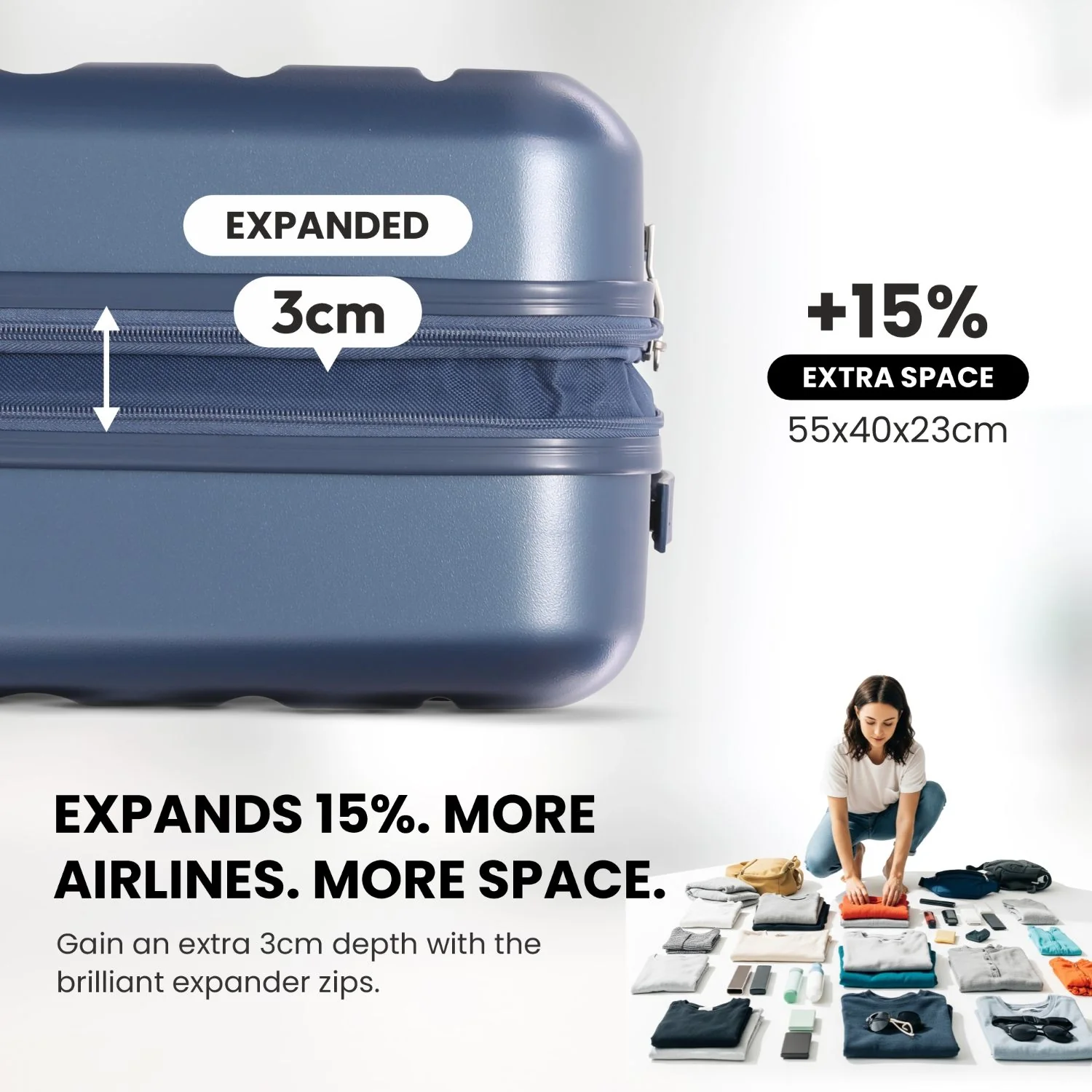 Aerolite Expandable 55x40x20cm to 55x40x23cm Ryanair Priority, Wizz Air Priority, Lufthansa Max Size Lightweight Hard Shell Carry On Hand Cabin Luggage Suitcase with 4 Wheels (BLUE) - Image 3