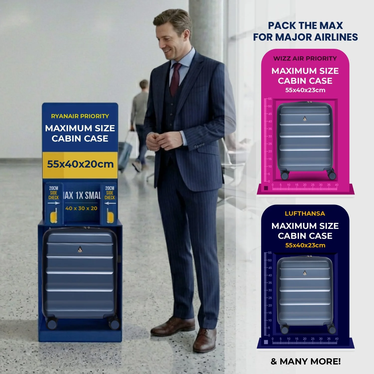 Aerolite Expandable 55x40x20cm to 55x40x23cm Ryanair Priority, Wizz Air Priority, Lufthansa Max Size Lightweight Hard Shell Carry On Hand Cabin Luggage Suitcase with 4 Wheels (BLUE) - Image 7
