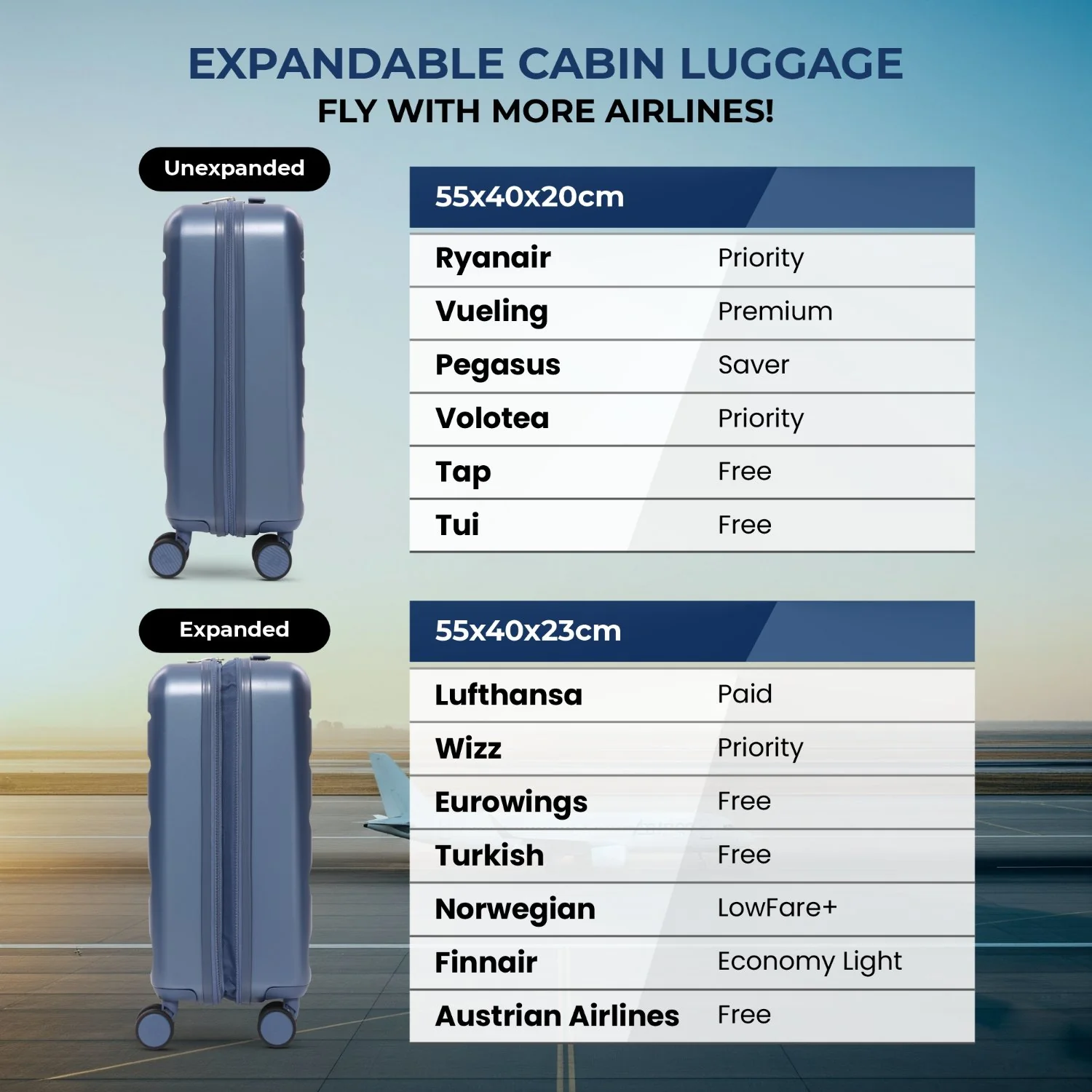 Aerolite Expandable 55x40x20cm to 55x40x23cm Ryanair Priority, Wizz Air Priority, Lufthansa Max Size Lightweight Hard Shell Carry On Hand Cabin Luggage Suitcase with 4 Wheels (BLUE) - Image 9