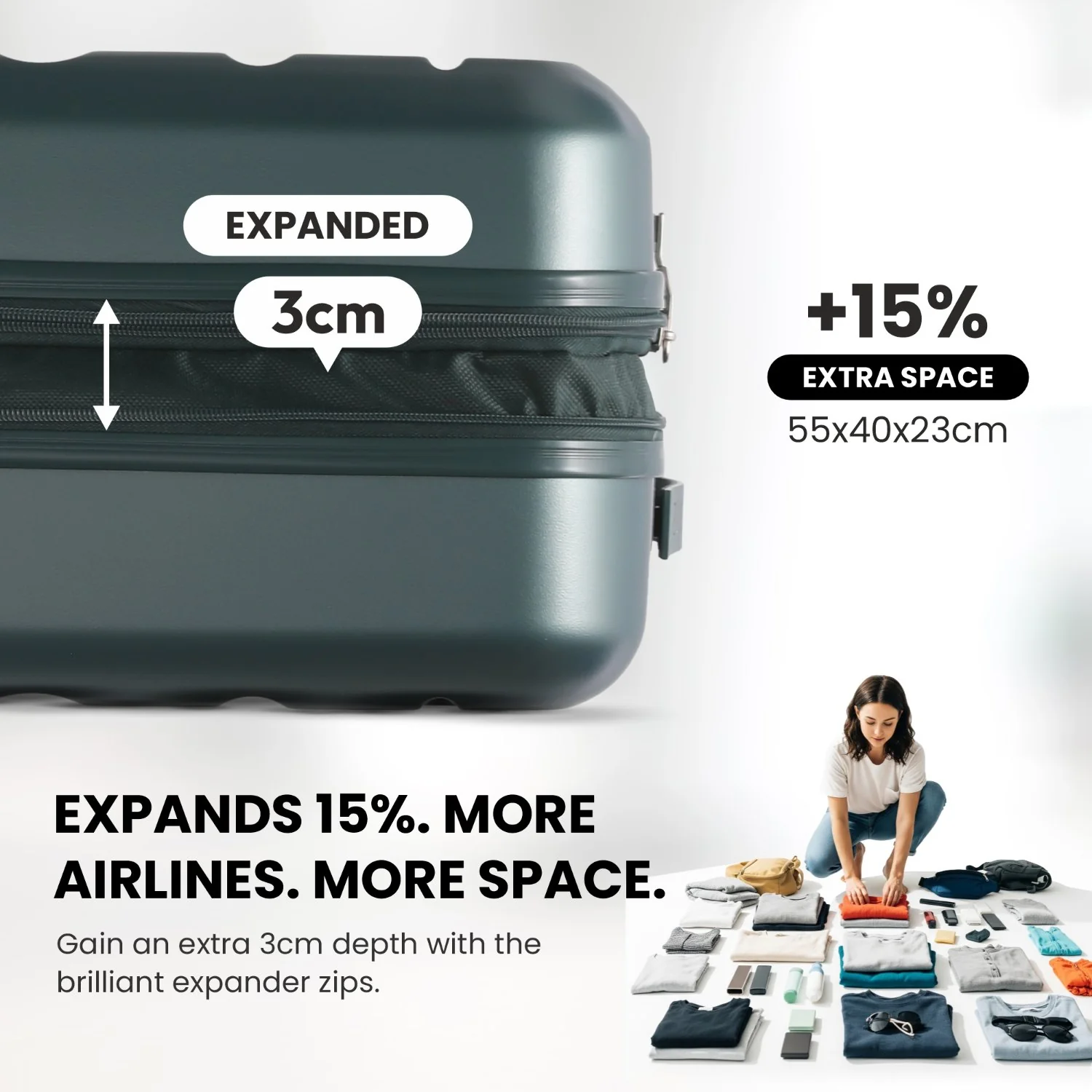 Aerolite Expandable 55x40x20cm to 55x40x23cm Ryanair Priority, Wizz Air Priority, Lufthansa Max Size Lightweight Hard Shell Carry On Hand Cabin Luggage Suitcase with 4 Wheels (FOREST GREEN) - Image 3