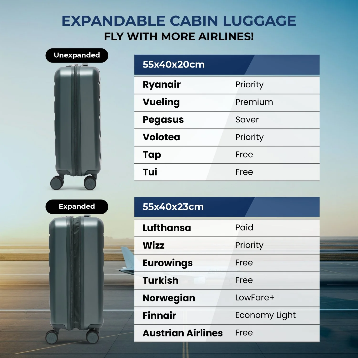 Aerolite Expandable 55x40x20cm to 55x40x23cm Ryanair Priority, Wizz Air Priority, Lufthansa Max Size Lightweight Hard Shell Carry On Hand Cabin Luggage Suitcase with 4 Wheels (FOREST GREEN) - Image 9