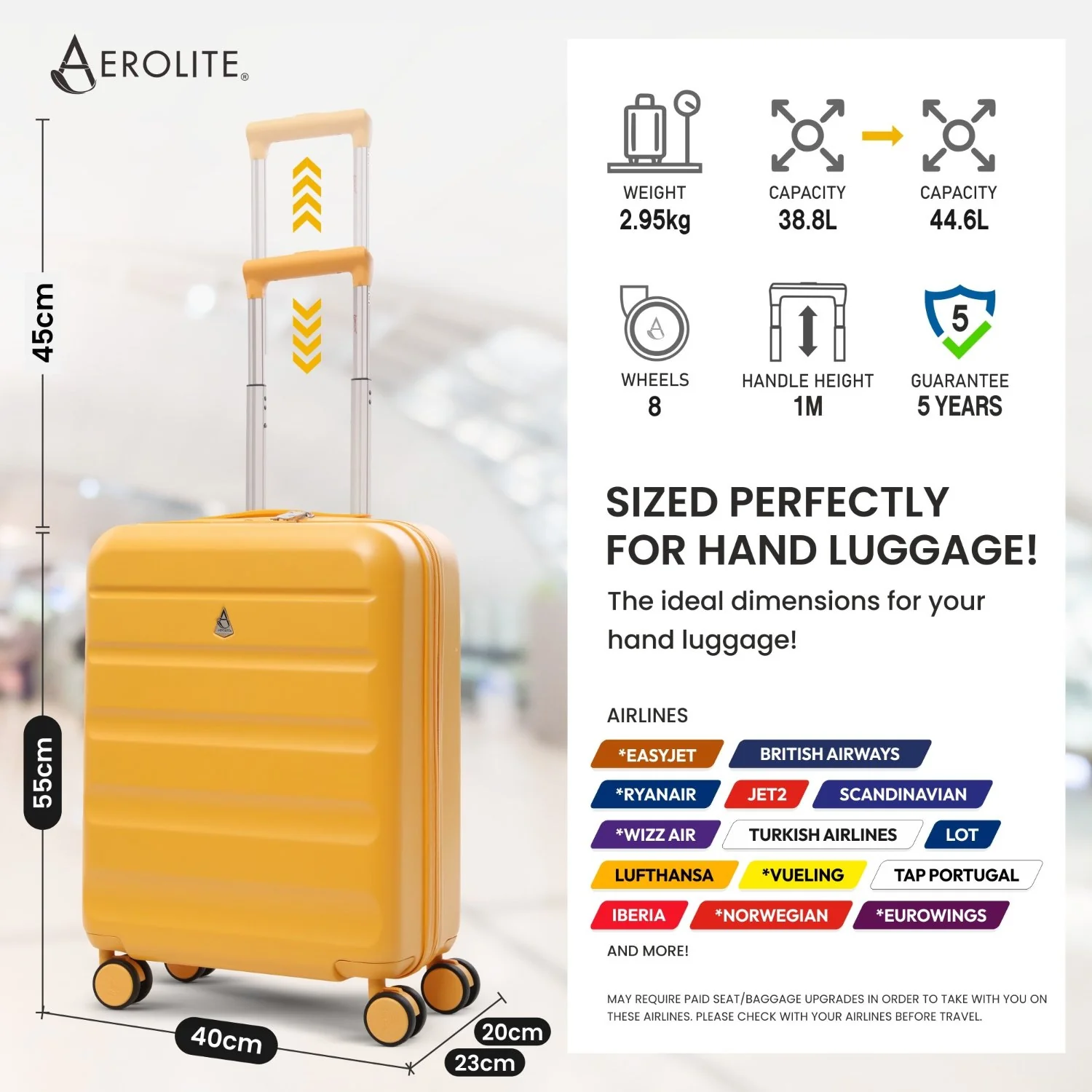 Aerolite Expandable 55x40x20cm to 55x40x23cm Ryanair Priority, Wizz Air Priority, Lufthansa Max Size Lightweight Hard Shell Carry On Hand Cabin Luggage Suitcase with 4 Wheels - Set of 2 (MANGO) - Image 2