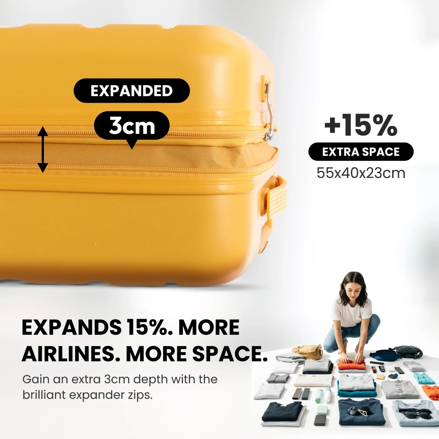 Aerolite Expandable 55x40x20cm to 55x40x23cm Ryanair Priority, Wizz Air Priority, Lufthansa Max Size Lightweight Hard Shell Carry On Hand Cabin Luggage Suitcase with 4 Wheels - Set of 2 (MANGO) - Image 3