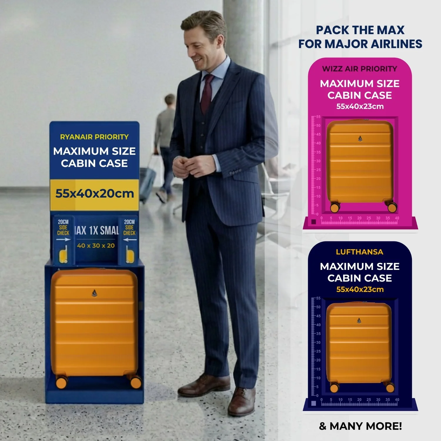 Aerolite Expandable 55x40x20cm to 55x40x23cm Ryanair Priority, Wizz Air Priority, Lufthansa Max Size Lightweight Hard Shell Carry On Hand Cabin Luggage Suitcase with 4 Wheels - Set of 2 (MANGO) - Image 8