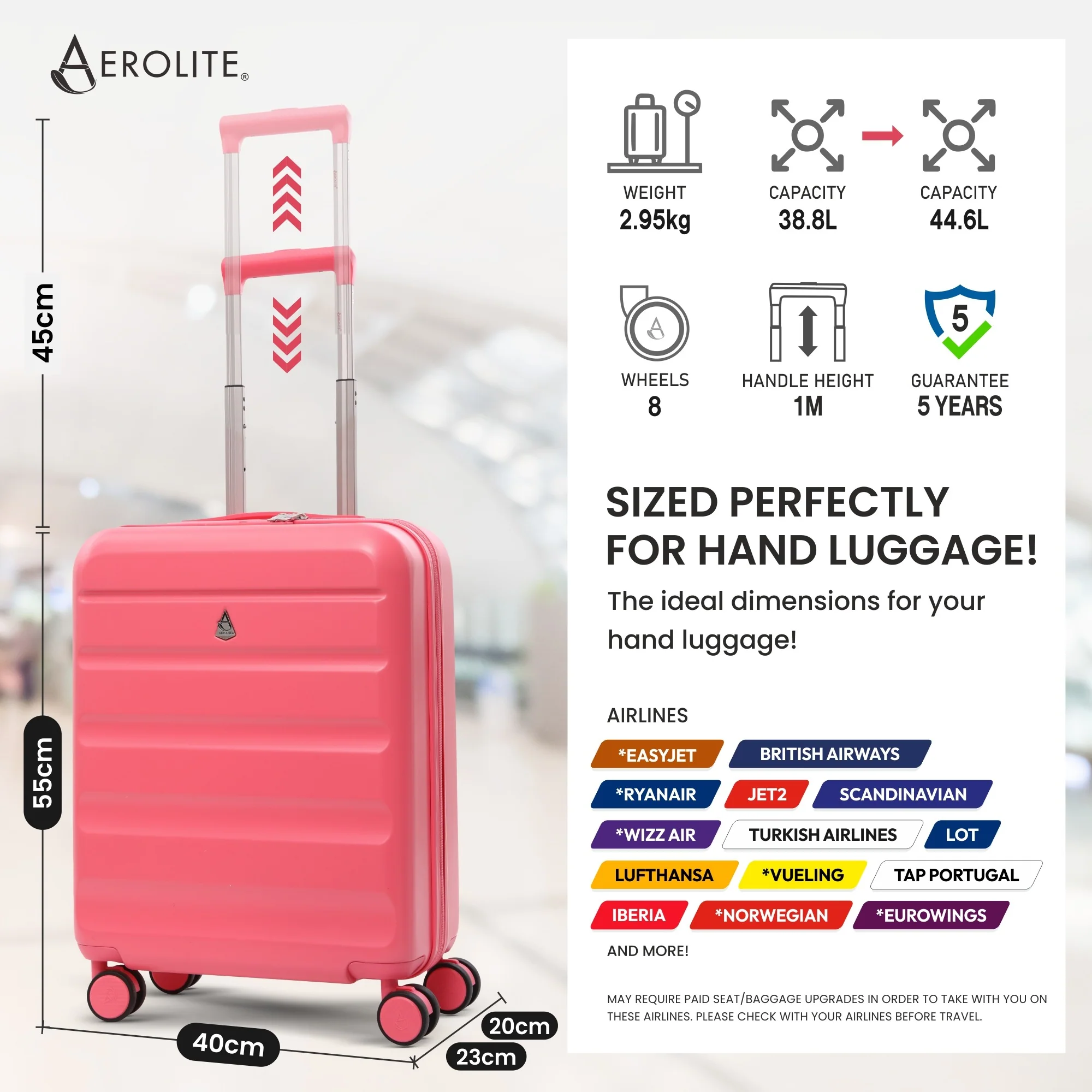 Aerolite Expandable 55x40x20cm to 55x40x23cm Ryanair Priority, Wizz Air Priority, Lufthansa Max Size Lightweight Hard Shell Carry On Hand Cabin Luggage Suitcase with 4 Wheels (PINK) - Image 2