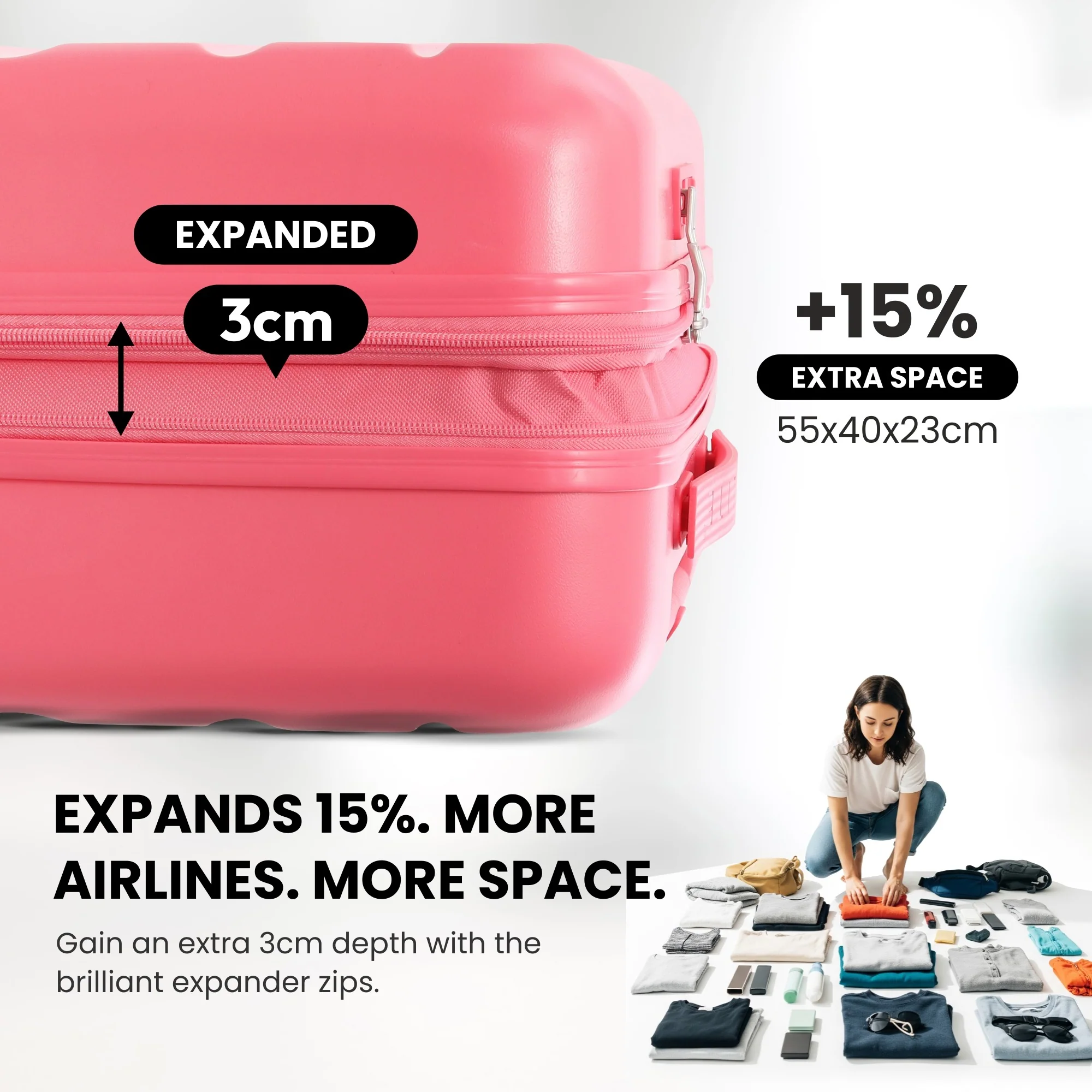 Aerolite Expandable 55x40x20cm to 55x40x23cm Ryanair Priority, Wizz Air Priority, Lufthansa Max Size Lightweight Hard Shell Carry On Hand Cabin Luggage Suitcase with 4 Wheels (PINK) - Image 3