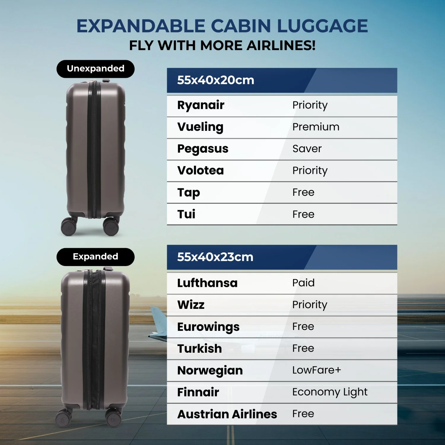 Aerolite Expandable 55x40x20cm to 55x40x23cm Ryanair Priority, Wizz Air Priority, Lufthansa Max Size Lightweight Hard Shell Carry On Hand Cabin Luggage Suitcase with 4 Wheels (CHARCOAL) - Image 9