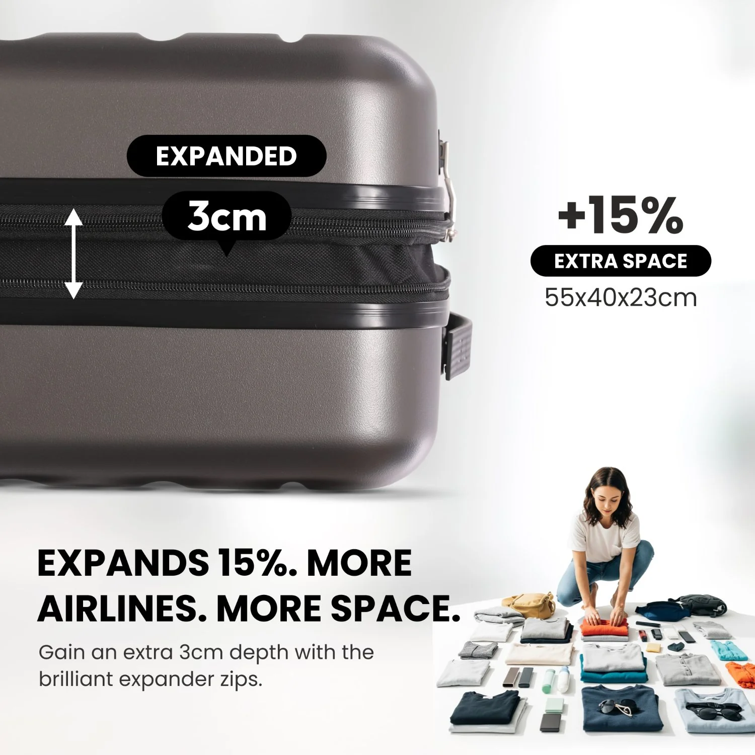 Aerolite Expandable 55x40x20cm to 55x40x23cm Ryanair Priority, Wizz Air Priority, Lufthansa Max Size Lightweight Hard Shell Carry On Hand Cabin Luggage Suitcase with 4 Wheels (CHARCOAL) - Image 3