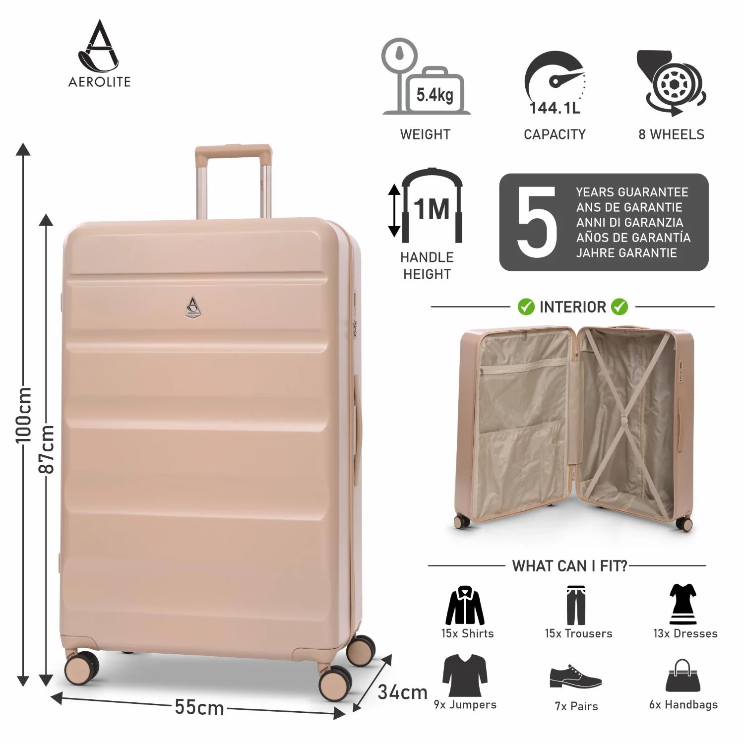 Aerolite Extra Large XL 32" 144L Lightweight ABS-polycarbonate Hard Shell Suitcase, 4 Dual Wheel Spinner, TSA Lock, Heavy-Duty Check-In Travel Luggage - Beige - Image 2