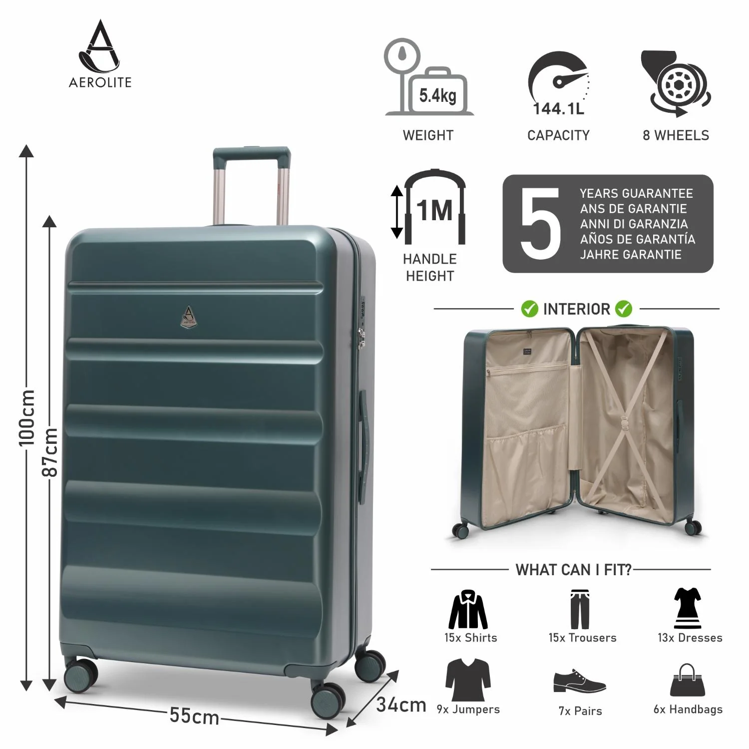 Aerolite Extra Large XL 32" 144L Lightweight ABS-polycarbonate alloy Hard Shell Suitcase, 4 Dual Wheel Spinner, TSA Lock, Heavy-Duty Check-In Travel Luggage - Forest Green - Image 2