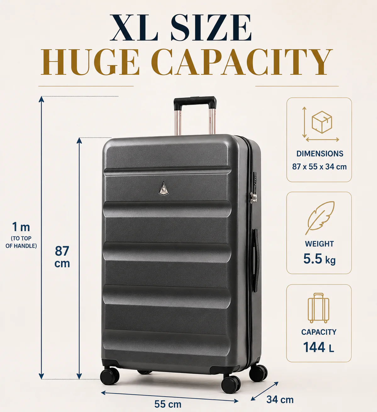 Aerolite Premium 32 Inch Extra Large Suitcase – 144L Hard Shell Check-In Luggage with TSA Lock, 8 Dual Spinner Wheels, ABS-Polycarbonate Shell & Organised Interior (Graphite Shadow) - Image 7