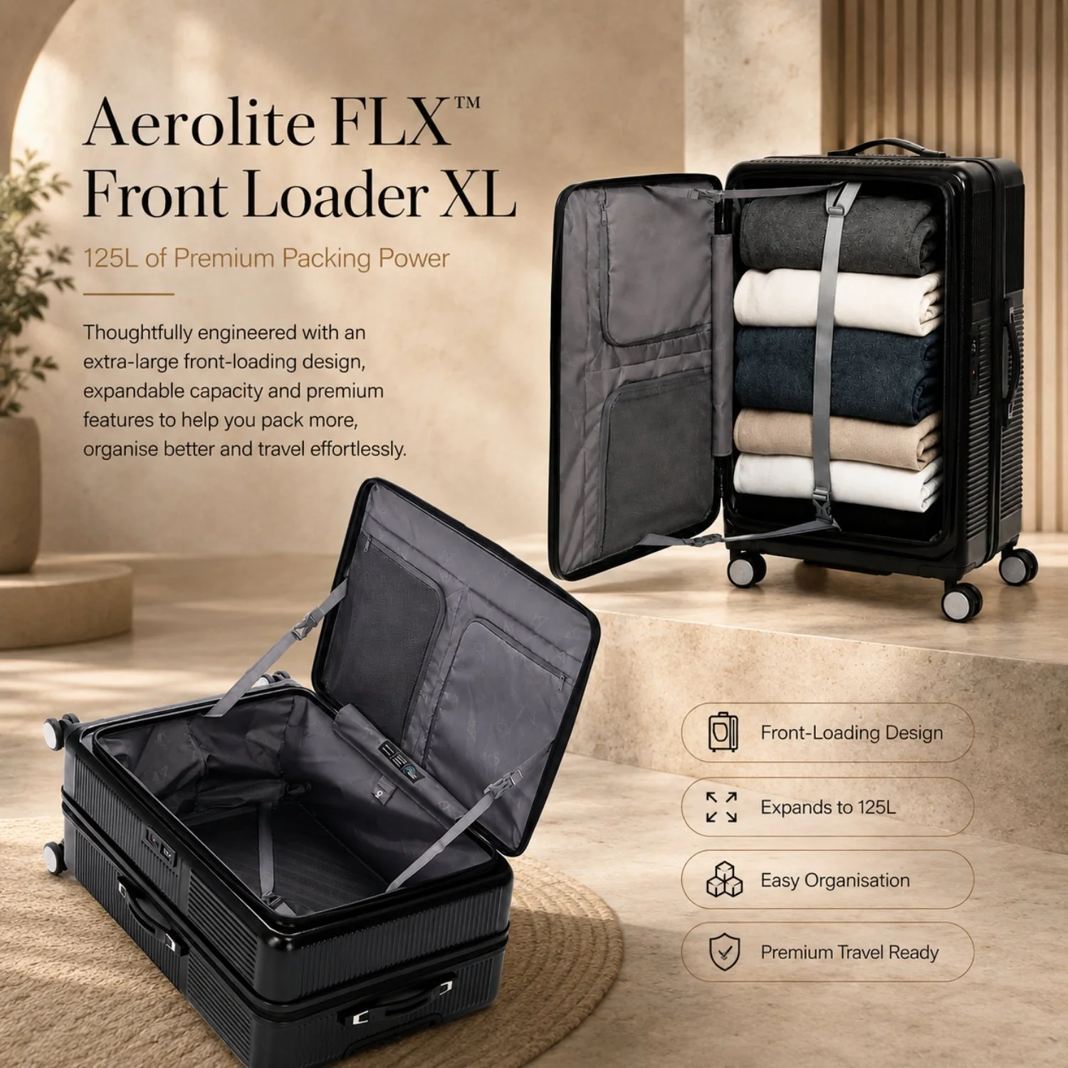 Aerolite FLX™ Premium Front Loading Large 30" Suitcase, Expandable to 125L, Lightweight PC Alloy Hard Shell, 8-Wheel Spinner, TSA Lock, 30 Inch Checked Luggage - Black - Image 3