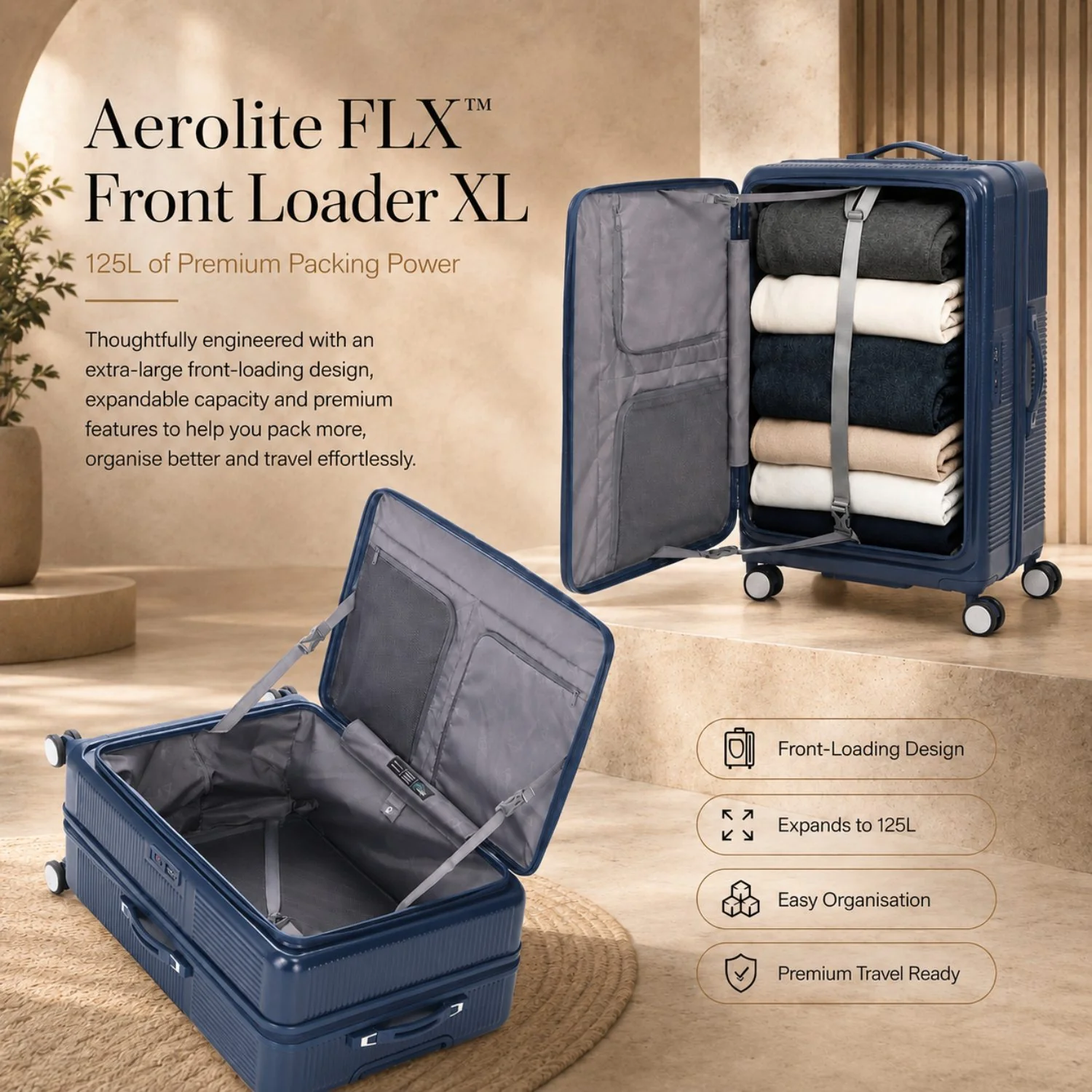 Aerolite FLX™ Premium Front Loading Large 30" Suitcase, Expandable to 125L, Lightweight PC Alloy Hard Shell, 8-Wheel Spinner, TSA Lock, 30 Inch Checked Luggage - Blue - Image 3