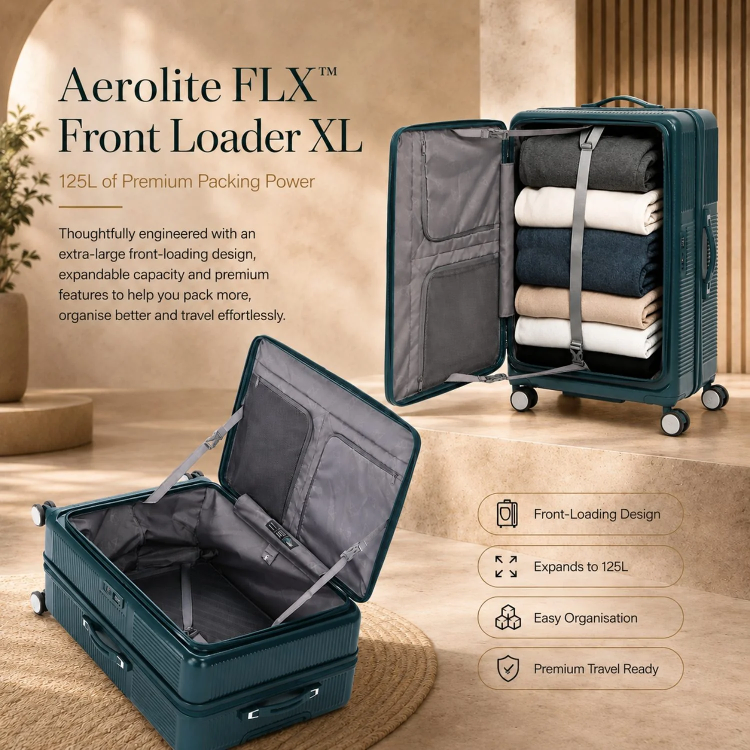 Aerolite FLX™ Premium Front Loading Large 30" Suitcase, Expandable to 125L, Lightweight PC Alloy Hard Shell, 8-Wheel Spinner, TSA Lock, 30 Inch Checked Luggage - Green - Image 3