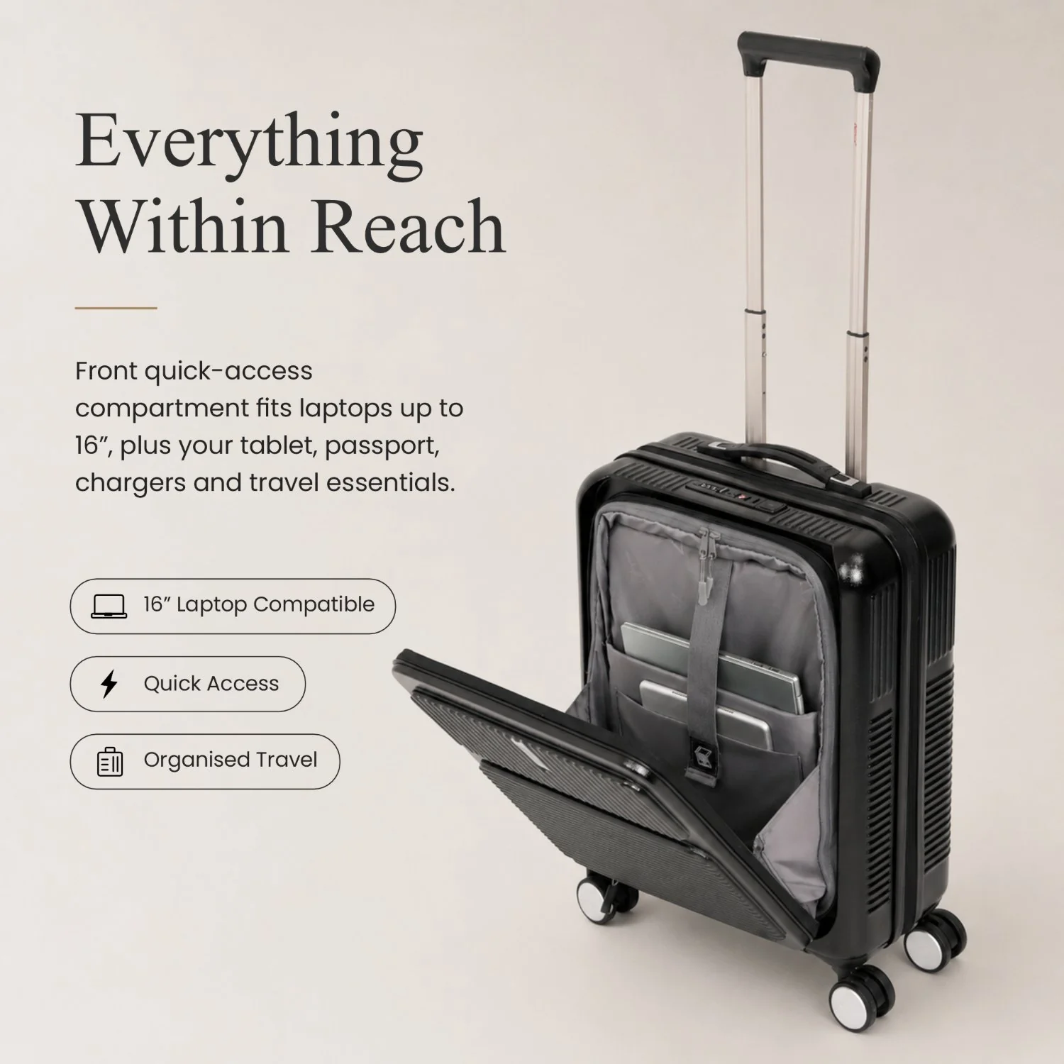Aerolite FLX Front Opening Cabin Suitcase 55x40x20/23cm Expandable Carry On Luggage with Laptop Compartment, USB Charging, TSA Lock & Silent Wheels - Black - Image 4