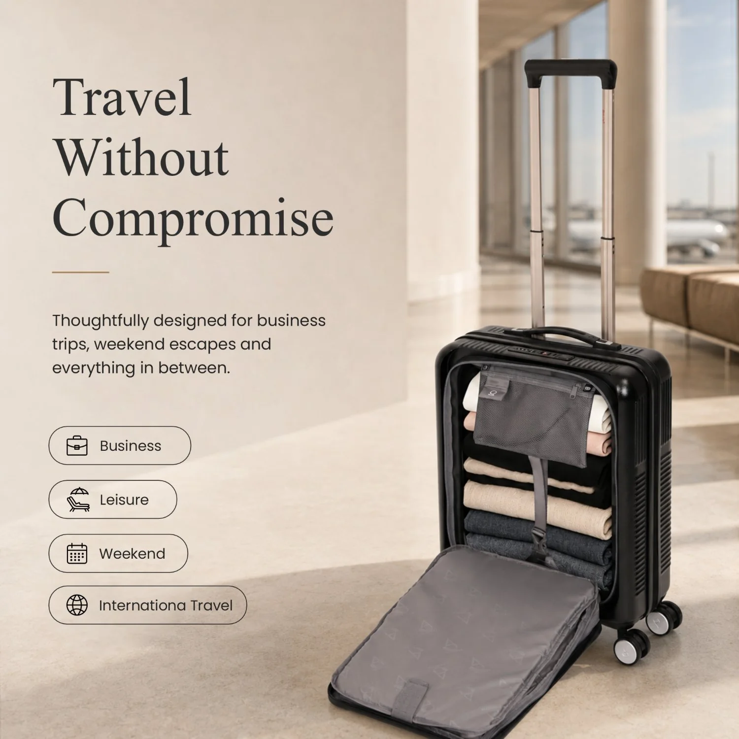 Aerolite FLX Front Opening Cabin Suitcase 55x40x20/23cm Expandable Carry On Luggage with Laptop Compartment, USB Charging, TSA Lock & Silent Wheels - Black - Image 5