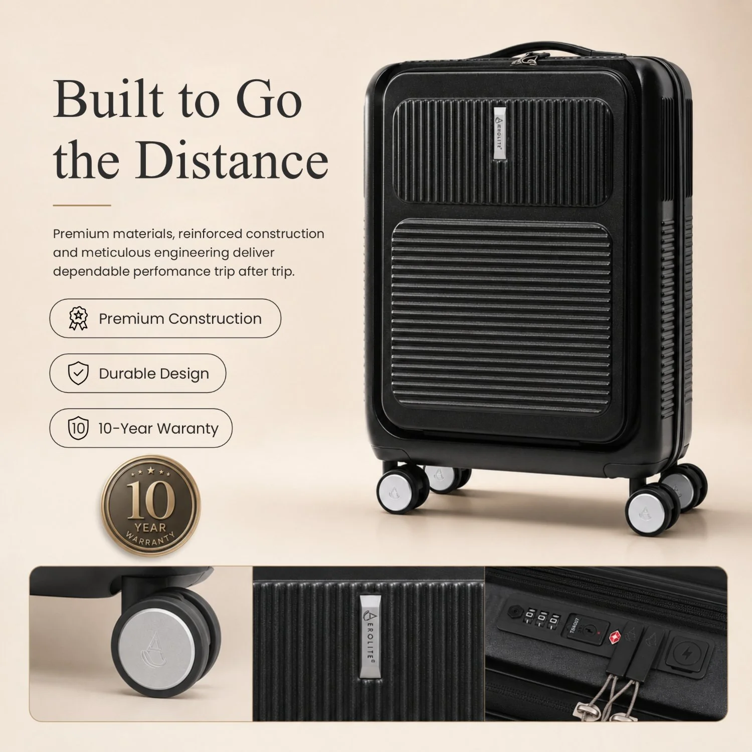 Aerolite FLX Front Opening Cabin Suitcase 55x40x20/23cm Expandable Carry On Luggage with Laptop Compartment, USB Charging, TSA Lock & Silent Wheels - Black - Image 8