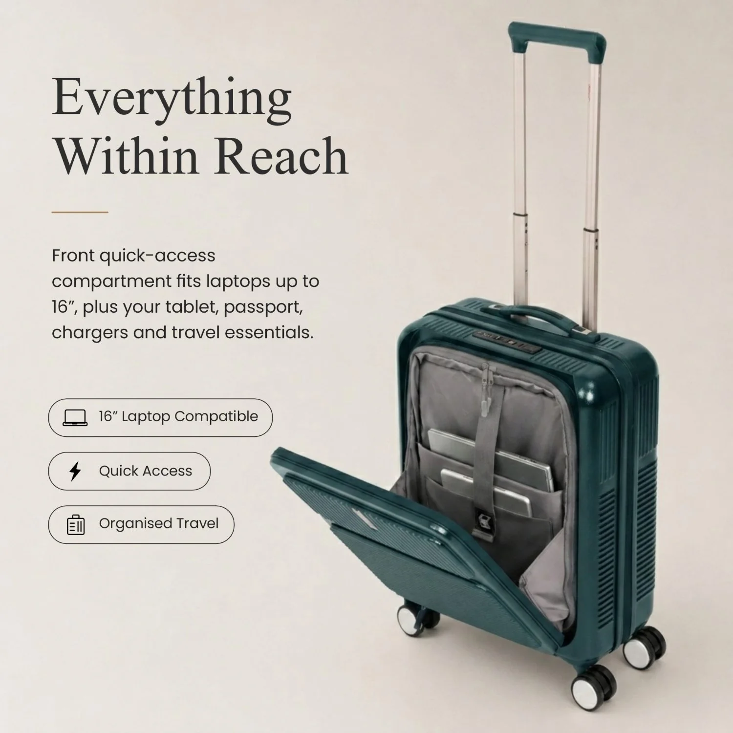 Aerolite FLX Front Opening Cabin Suitcase 55x40x20/23cm Expandable Carry On Luggage with Laptop Compartment, USB Charging, TSA Lock & Silent Wheels - Green - Image 4