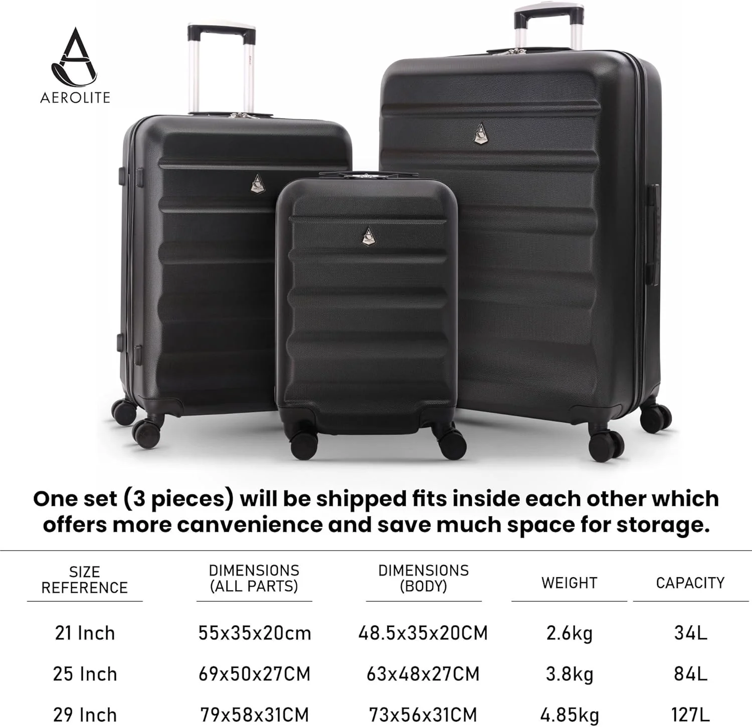 Aerolite Hard Shell 3 Piece Lightweight Suitcase Complete Luggage Set (Cabin 21" + Medium 25"+ Large 29" Hold Luggage Suitcase) - Image 23