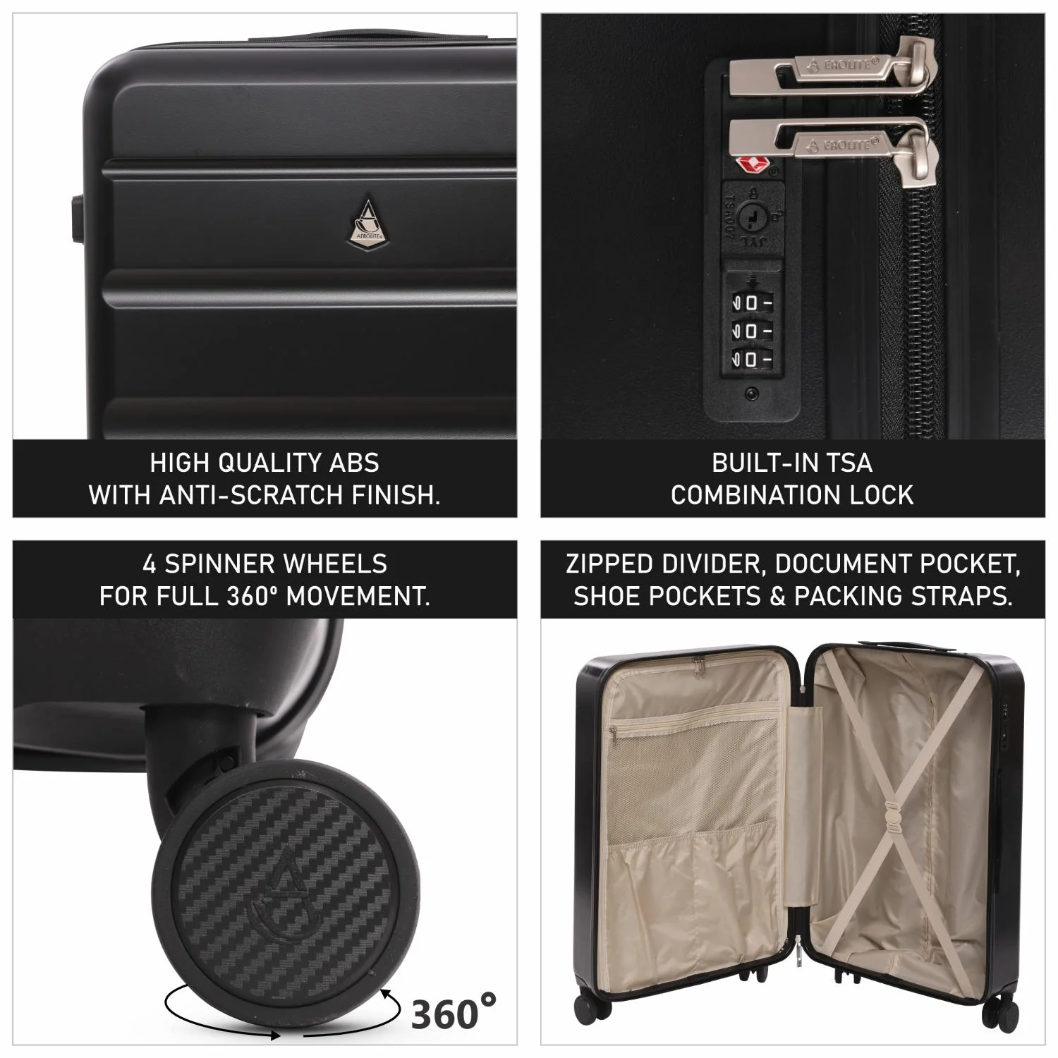 Aerolite Large 28" 100L Lightweight ABS-polycarbonate Hard Shell Suitcase, 4 Dual Wheel Spinner, TSA Lock, Durable Check-In Hold Luggage - Black - Image 3