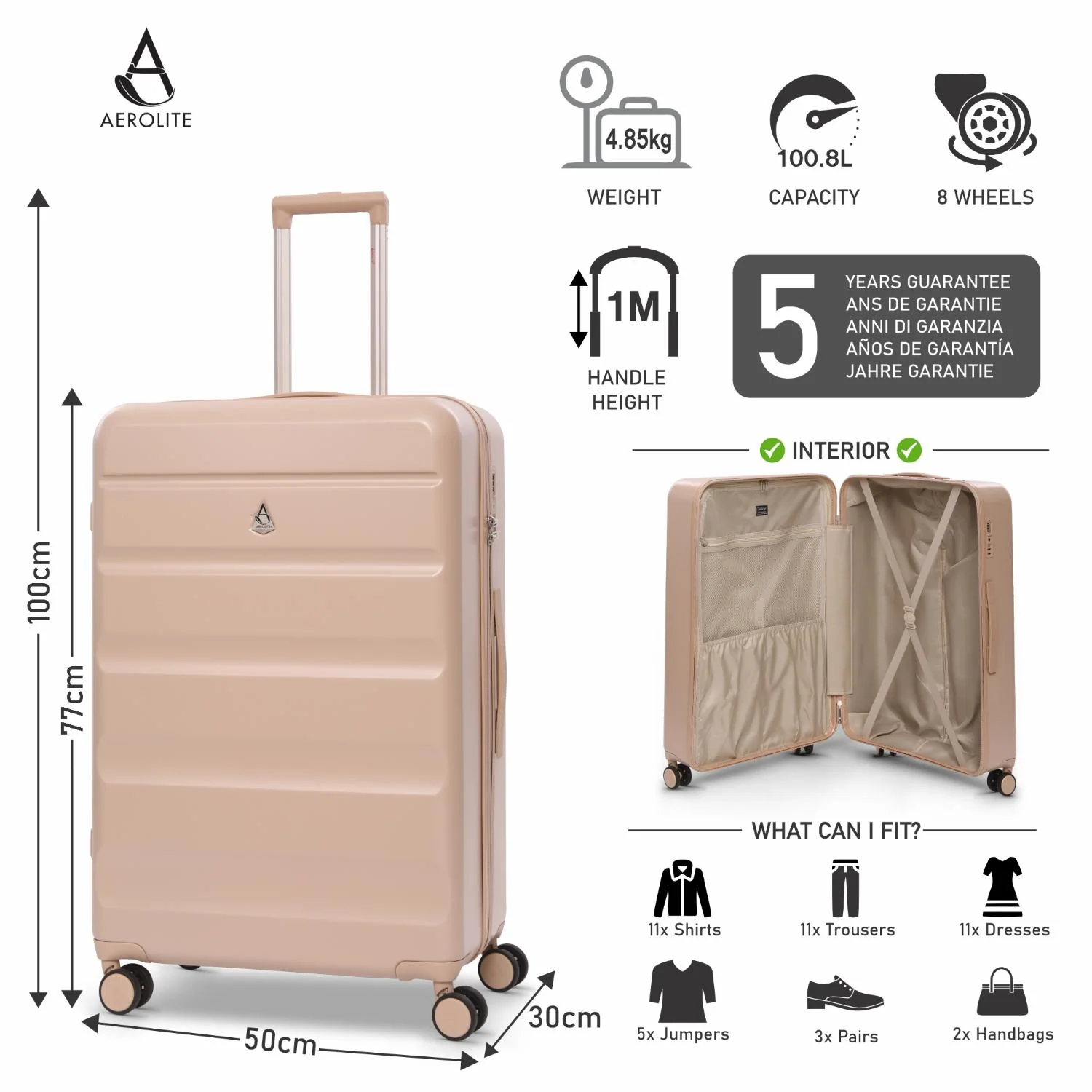 Aerolite Large 28" 100L Lightweight ABS-polycarbonate alloy Hard Shell Suitcase, 4 Dual Wheel Spinner, TSA Lock, Durable Check-In Hold Luggage - Beige - Image 2