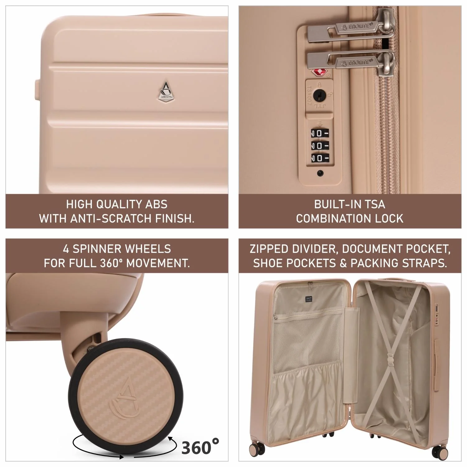 Aerolite Large 28" 100L Lightweight ABS-polycarbonate alloy Hard Shell Suitcase, 4 Dual Wheel Spinner, TSA Lock, Durable Check-In Hold Luggage - Beige - Image 3