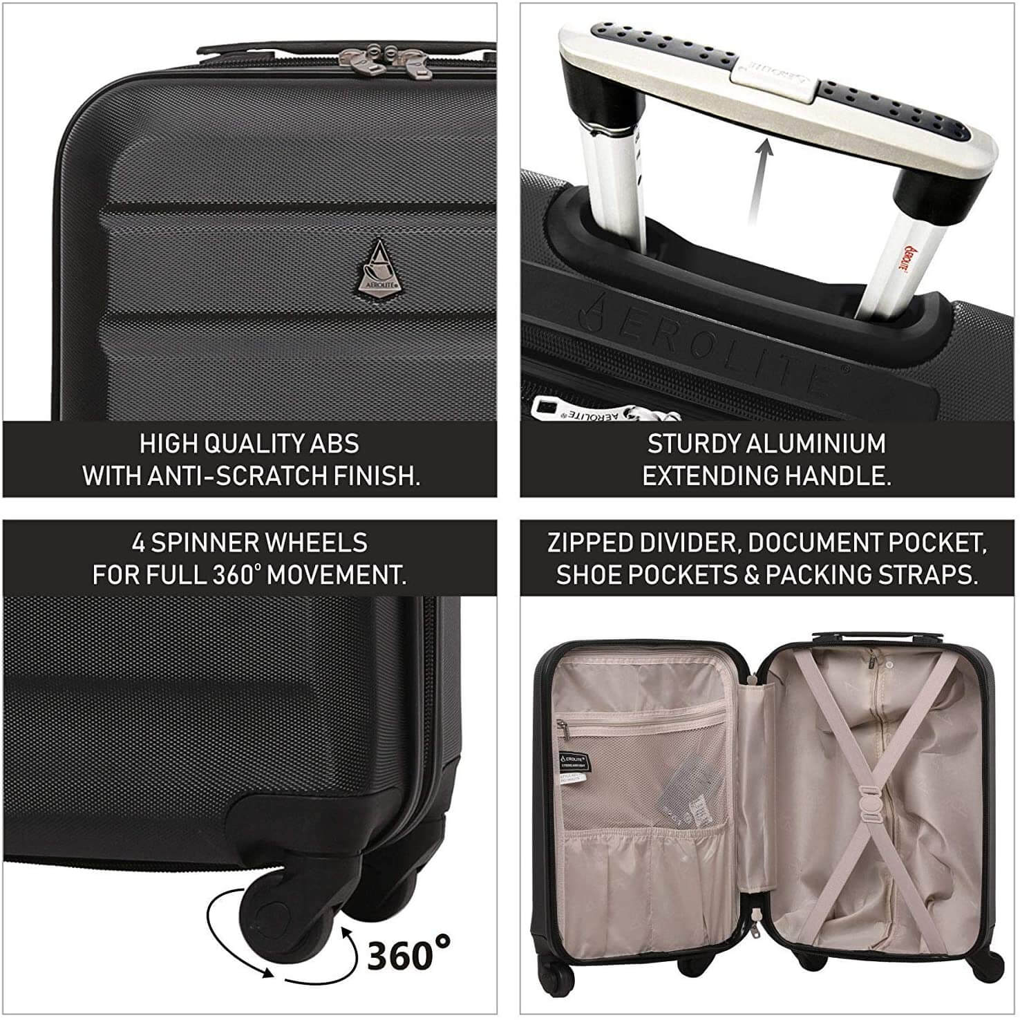 Aerolite Lightweight ABS Hard Shell Travel Hold Check in Luggage Suitcase 4 Wheels, Black - Image 12