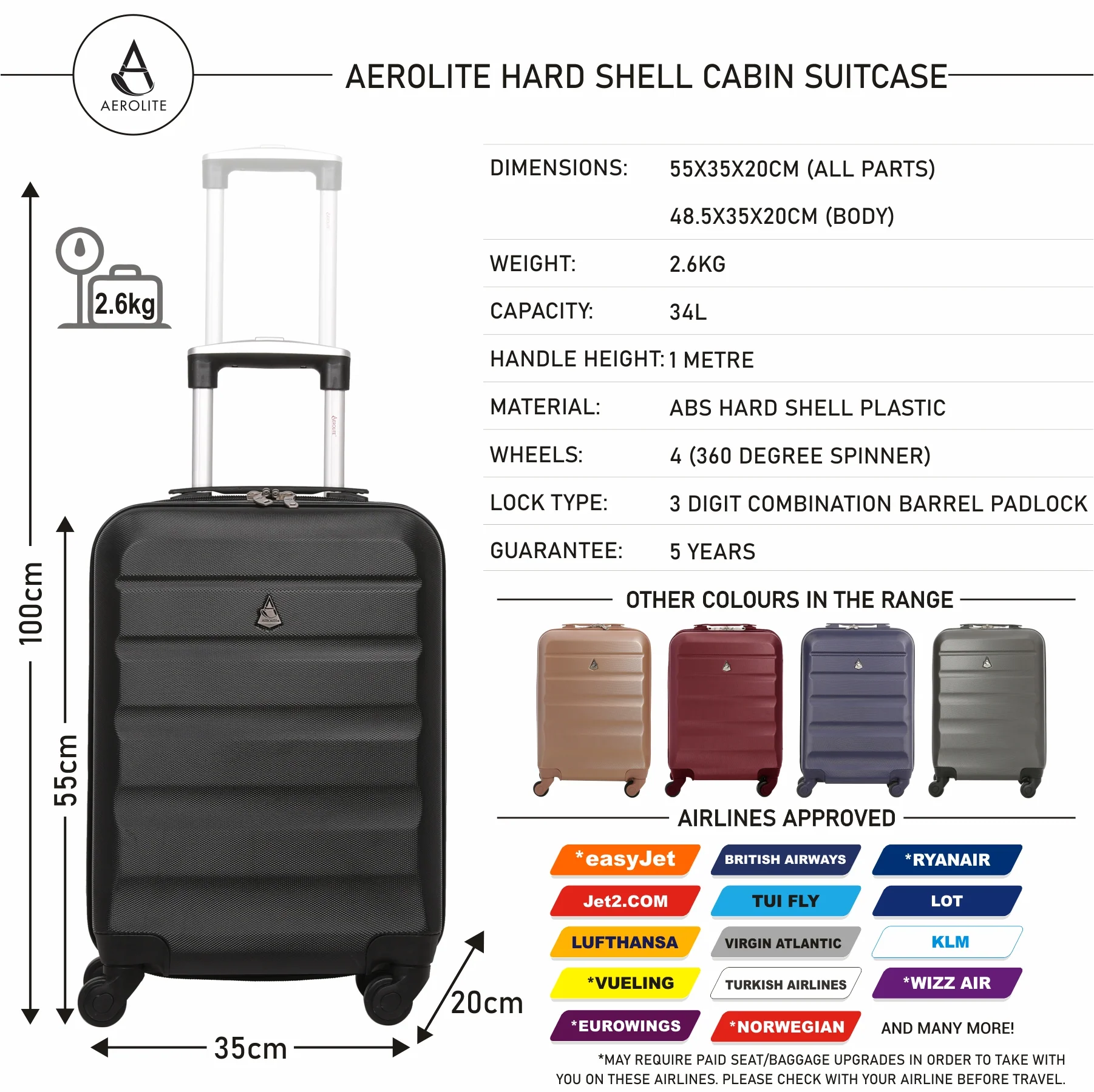 Aerolite Lightweight ABS Hard Shell Travel Hold Check in Luggage Suitcase 4 Wheels, Black - Image 2