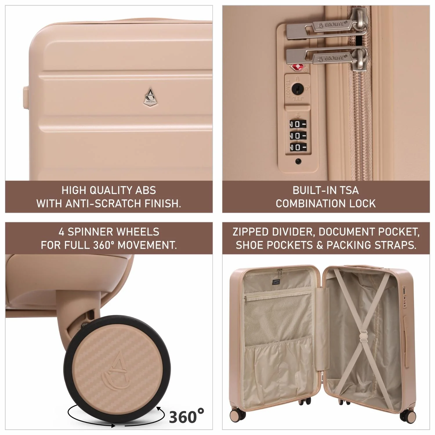 Aerolite 4-Piece ABS-polycarbonate Lightweight Luggage Set – Expandable Cabin, Medium, Large & XL Hard Shell Suitcases with Spinner Wheels & TSA Lock – Beige - Image 11