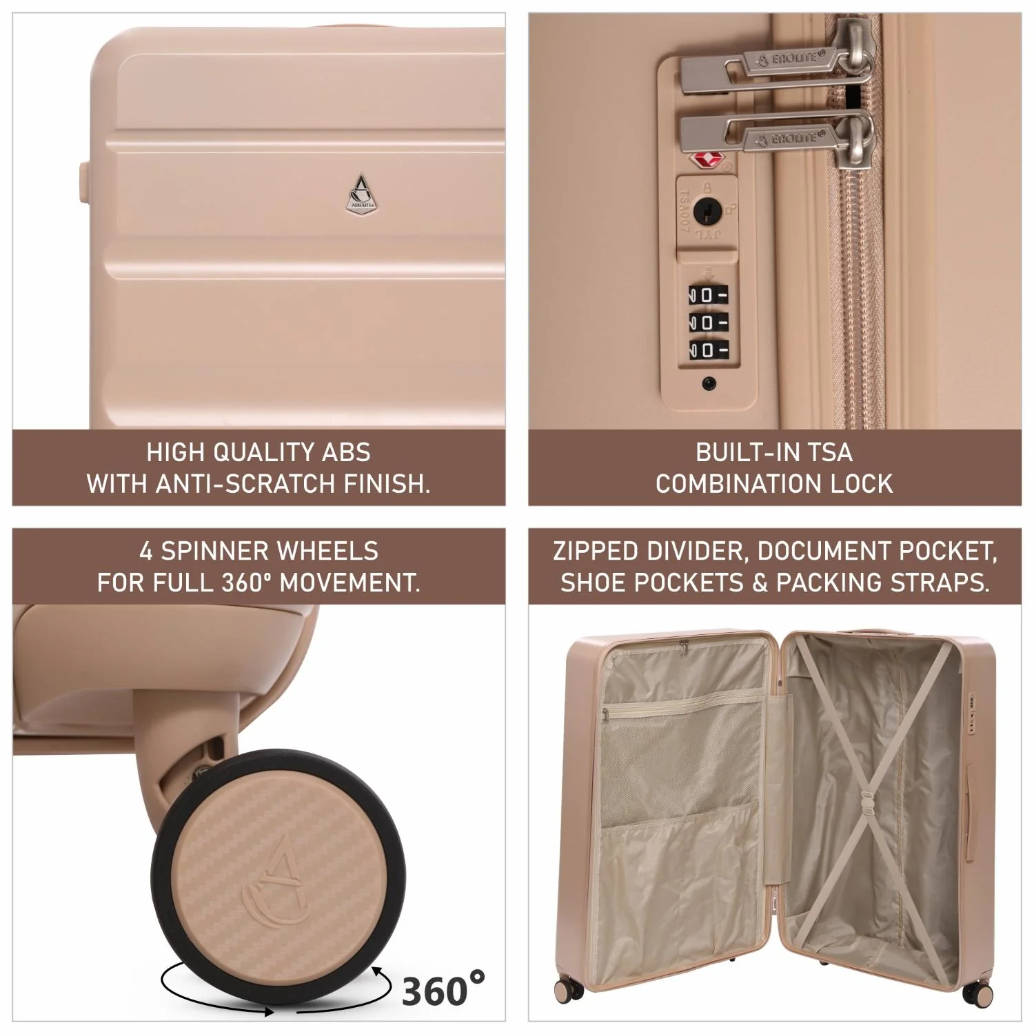 Aerolite 4-Piece ABS-polycarbonate Lightweight Luggage Set – Expandable Cabin, Medium, Large & XL Hard Shell Suitcases with Spinner Wheels & TSA Lock – Beige - Image 17