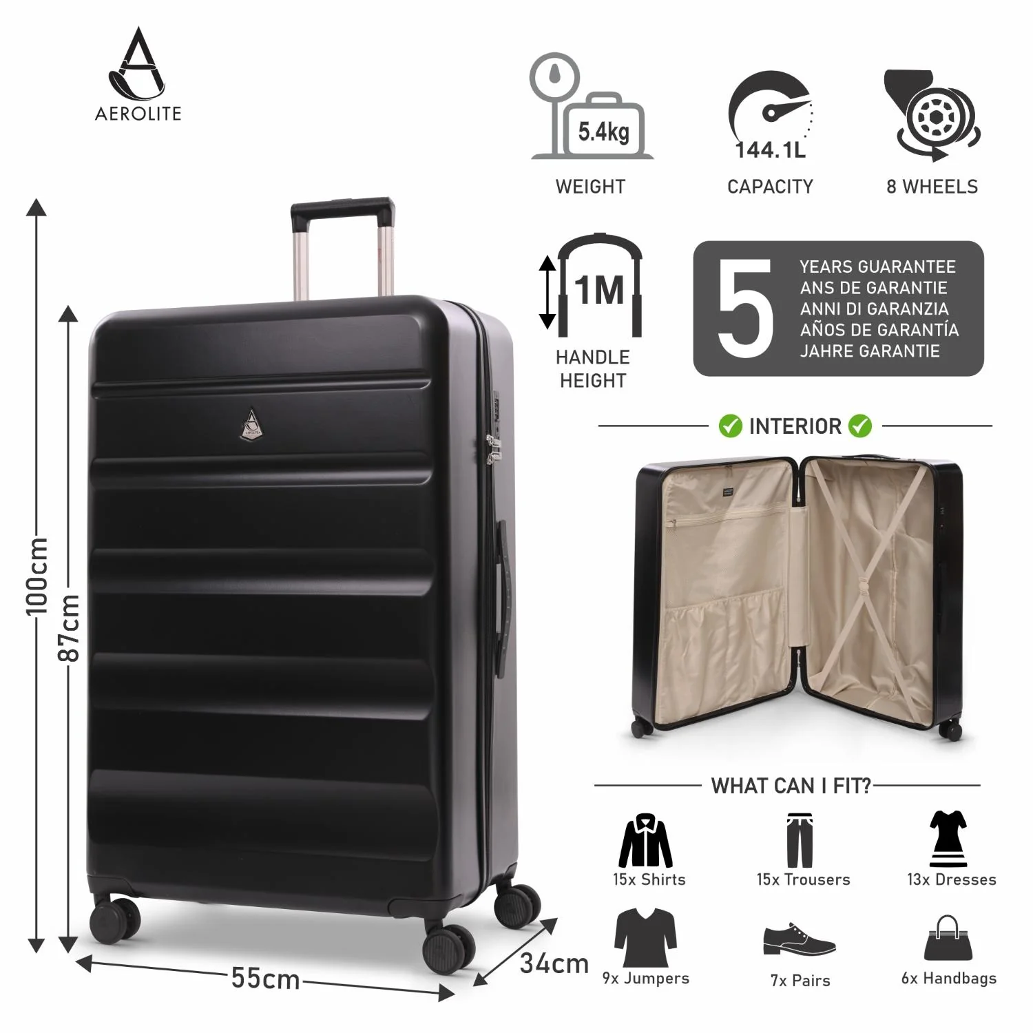 Aerolite 4-Piece ABS-polycarbonate Lightweight Luggage Set – Expandable Cabin, Medium, Large & XL Hard Shell Suitcases with Spinner Wheels & TSA Lock – Black - Image 19
