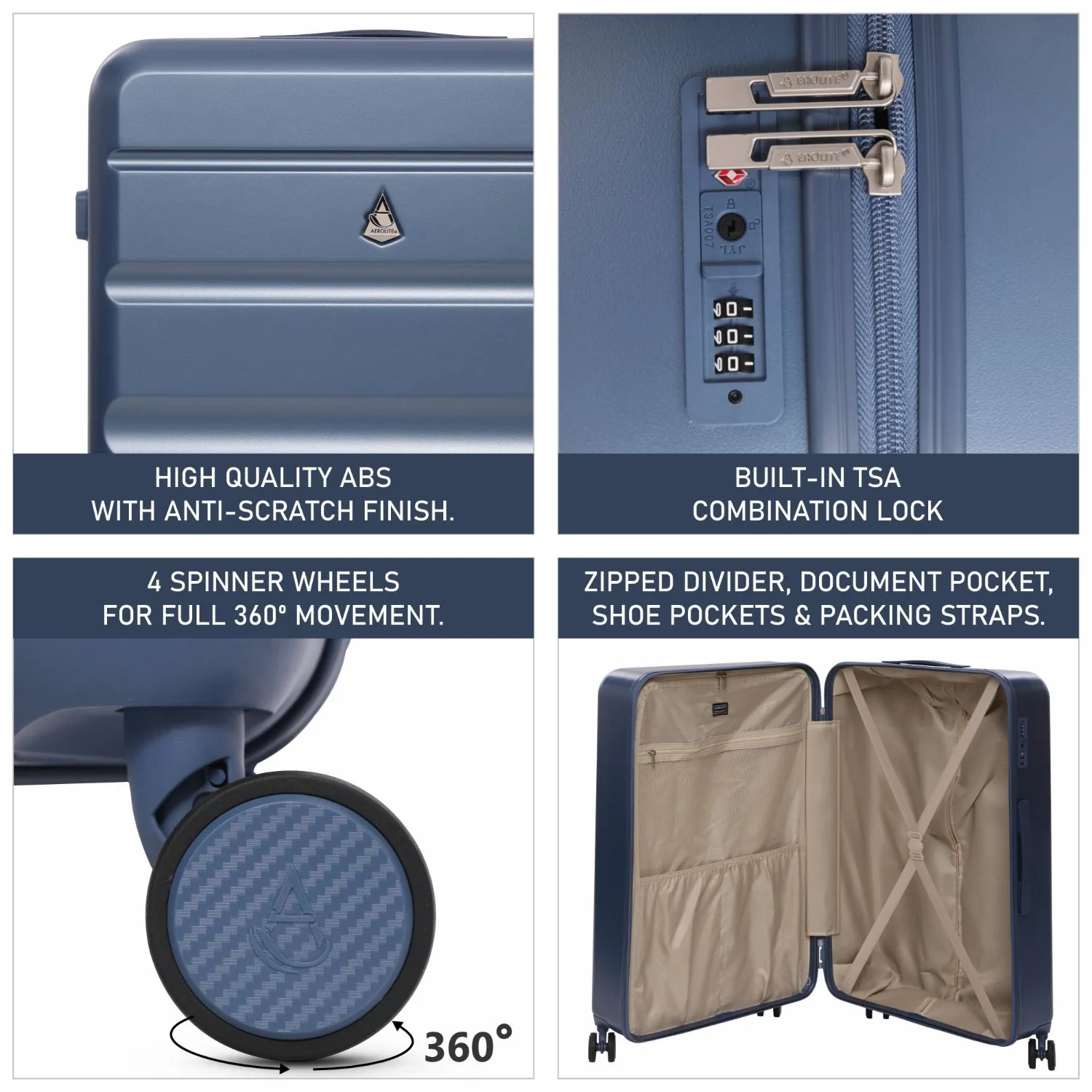 Aerolite 3-Piece Luggage Set – Lightweight Hard Shell Suitcases with 4 Dual Spinner Wheels & TSA Lock – Expandable Cabin (21”), Medium (24”), Large (28”) – Expandable Carry-On Case Included – Blue - Image 15