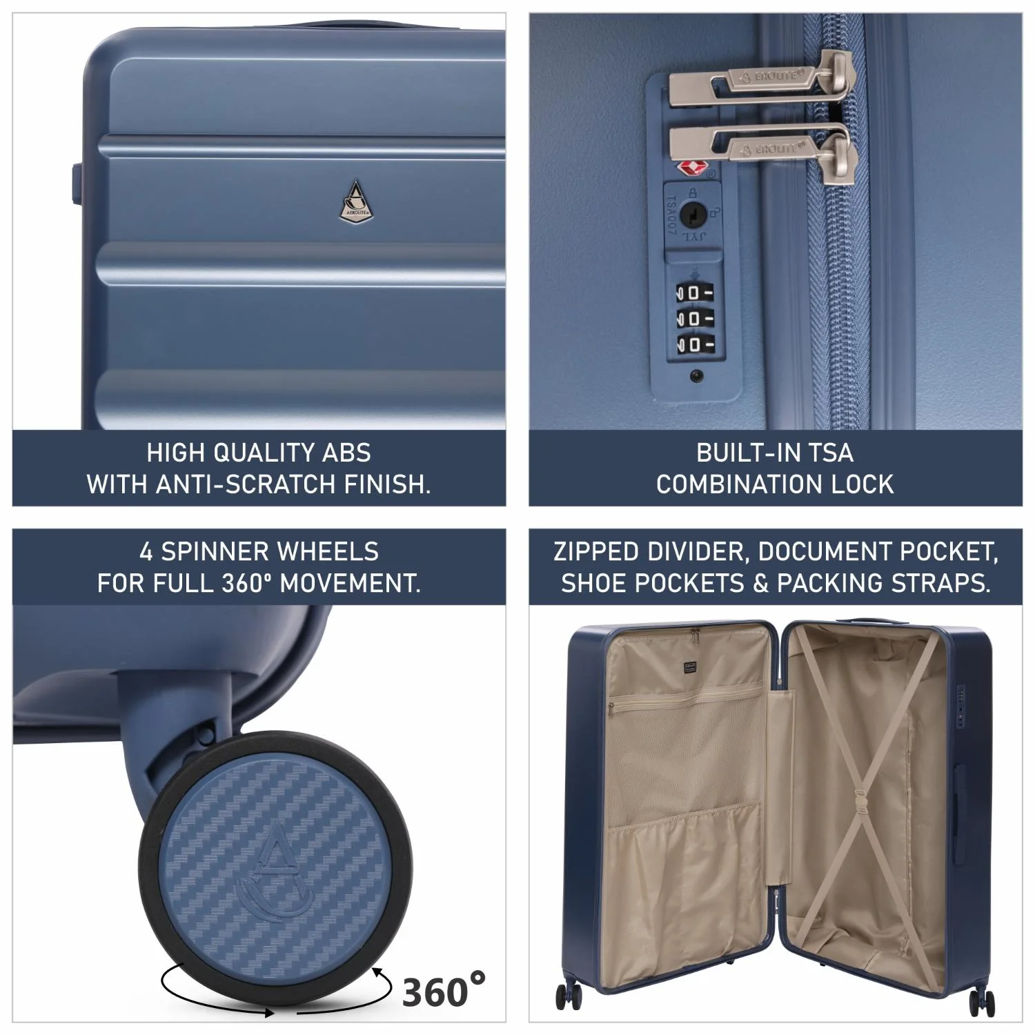 Aerolite 4-Piece ABS-polycarbonate Lightweight Luggage Set – Expandable Cabin, Medium, Large & XL Hard Shell Suitcases with Spinner Wheels & TSA Lock – Blue - Image 19