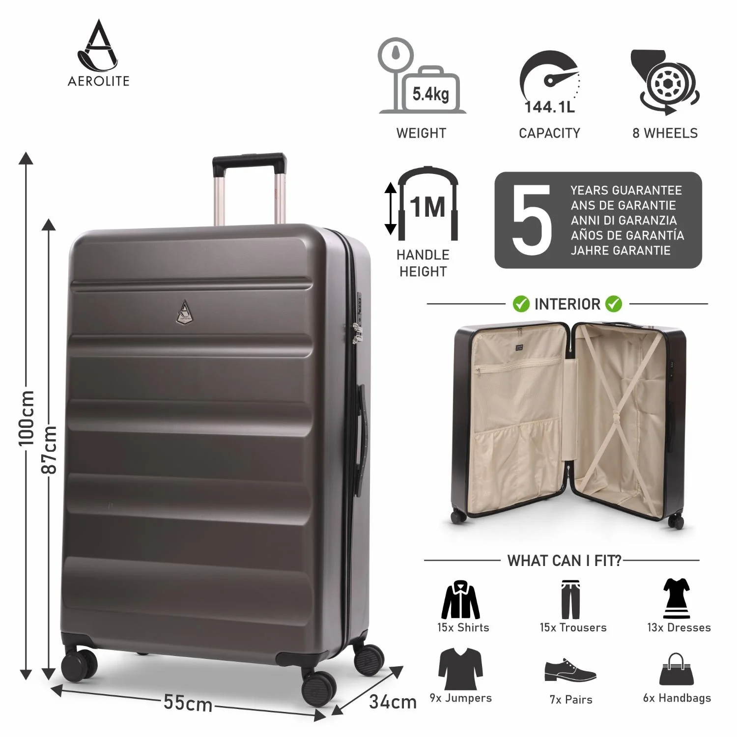 Aerolite 4-Piece ABS-Polycarbonate Lightweight Luggage Set – Expandable Cabin, Medium, Large & XL Hard Shell Suitcases with Spinner Wheels & TSA Lock – Charcoal - Image 19