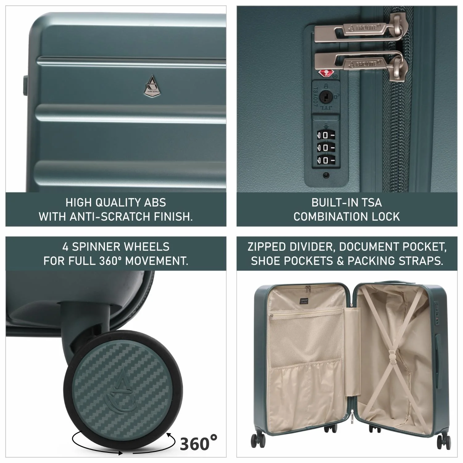 Aerolite 4-Piece ABS-polycarbonate Lightweight Luggage Set – Expandable Cabin, Medium, Large & XL Hard Shell Suitcases with Spinner Wheels & TSA Lock – Forest Green - Image 16