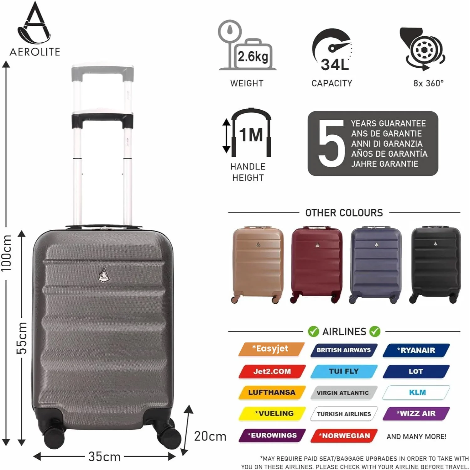Aerolite Lightweight Hard Shell Suitcase Luggage Set with 8 Spinner Wheels (Cabin, Medium & Large) - Image 5