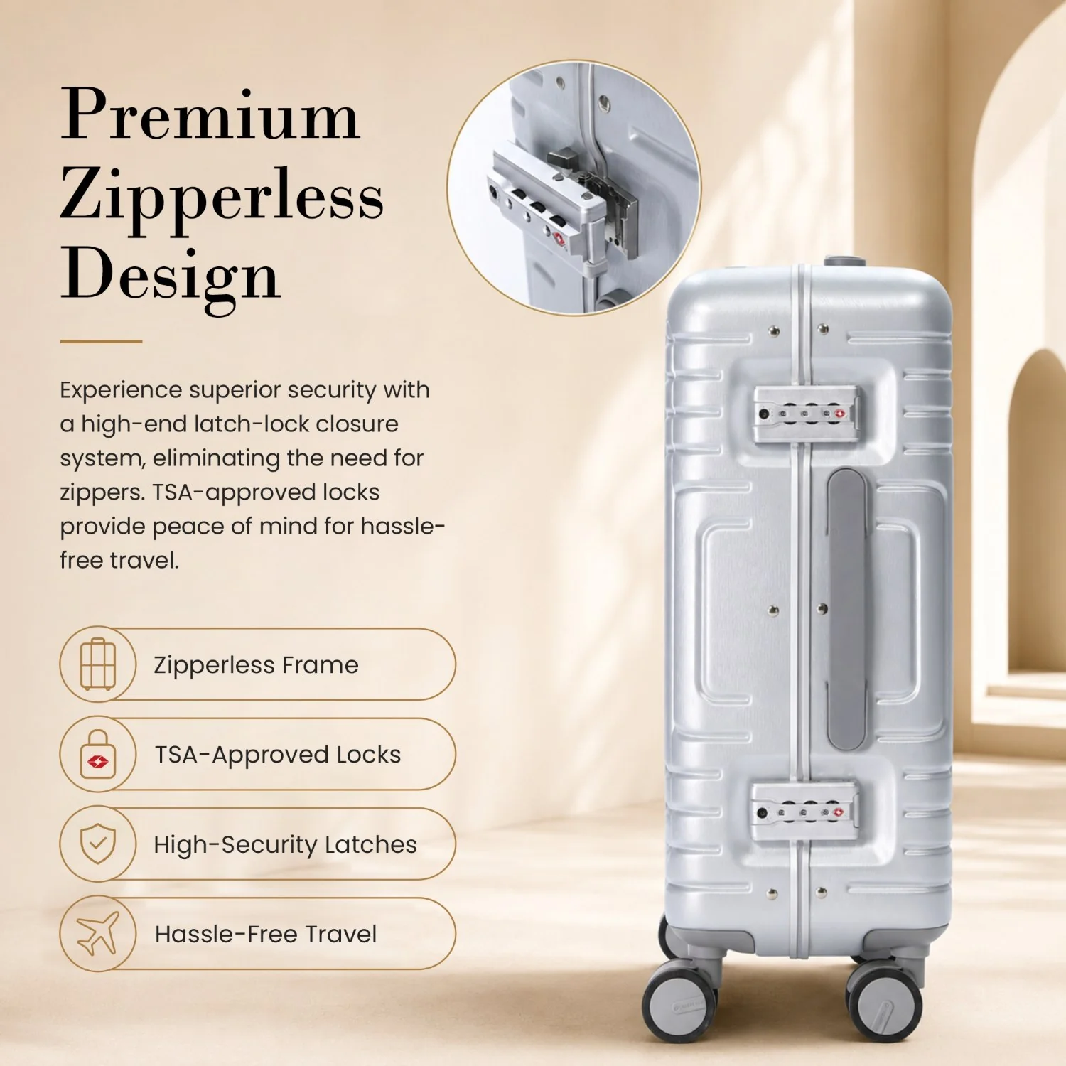 Aerolite M-Lite Aluminium Frame Cabin Suitcase 55x40x20cm, Hinomoto STOP Wheels, Zippeless TSA Latch Lock, Front Laptop Compartment, 15 Year Warranty - Silver - Image 3