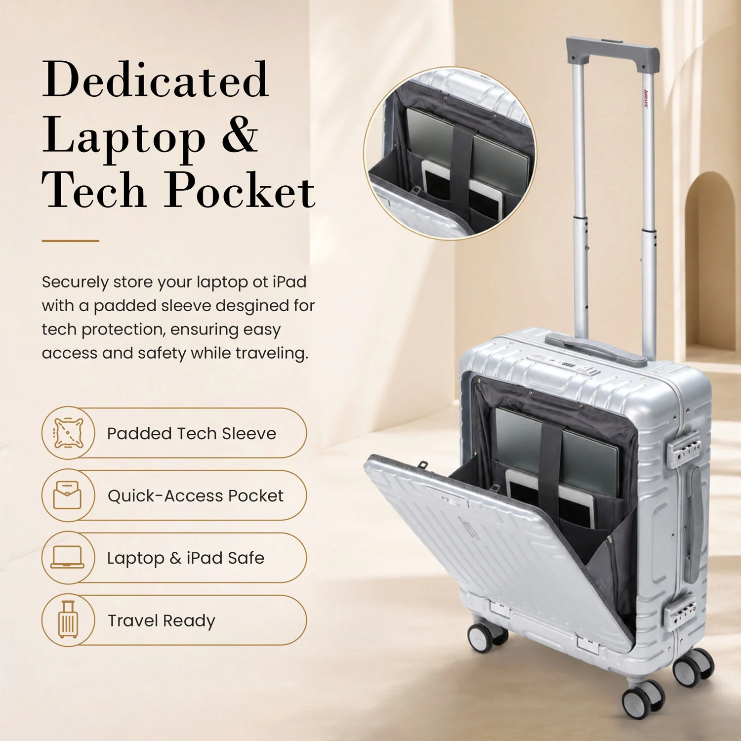 Aerolite M-Lite Aluminium Frame Cabin Suitcase 55x40x20cm, Hinomoto STOP Wheels, Zippeless TSA Latch Lock, Front Laptop Compartment, 15 Year Warranty - Silver - Image 4