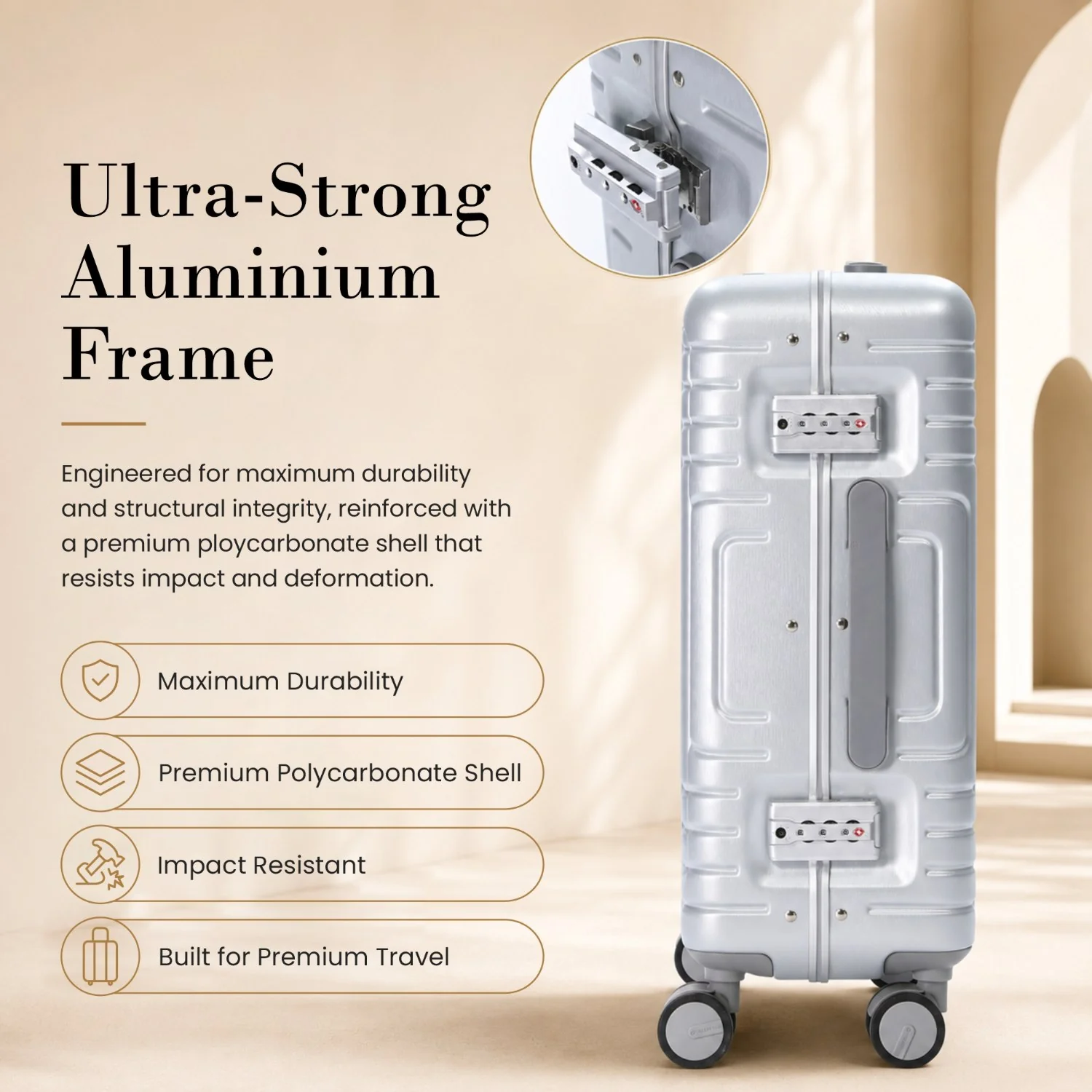 Aerolite M-Lite Aluminium Frame Cabin Suitcase 55x40x20cm, Hinomoto STOP Wheels, Zippeless TSA Latch Lock, Front Laptop Compartment, 15 Year Warranty - Silver - Image 6