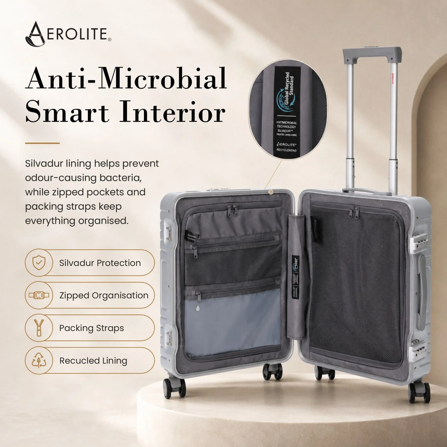Aerolite M-Lite Aluminium Frame Cabin Suitcase 55x40x20cm, Hinomoto STOP Wheels, Zippeless TSA Latch Lock, Front Laptop Compartment, 15 Year Warranty - Silver - Image 7