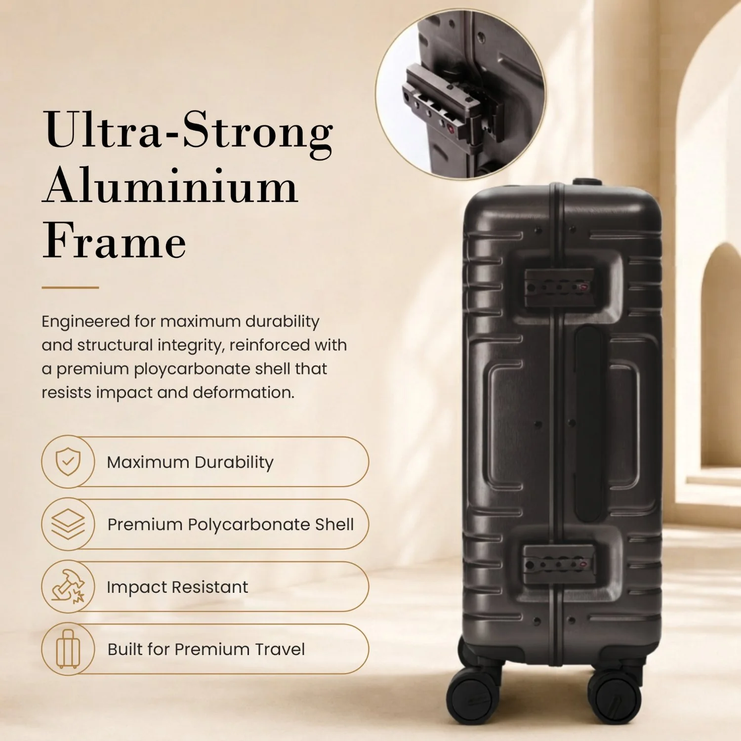 Aerolite M-Lite Aluminium Frame Cabin Suitcase 55x40x20cm, Hinomoto STOP Wheels, Zippeless TSA Latch Lock, Front Laptop Compartment, 15 Year Warranty - Charcoal - Image 3